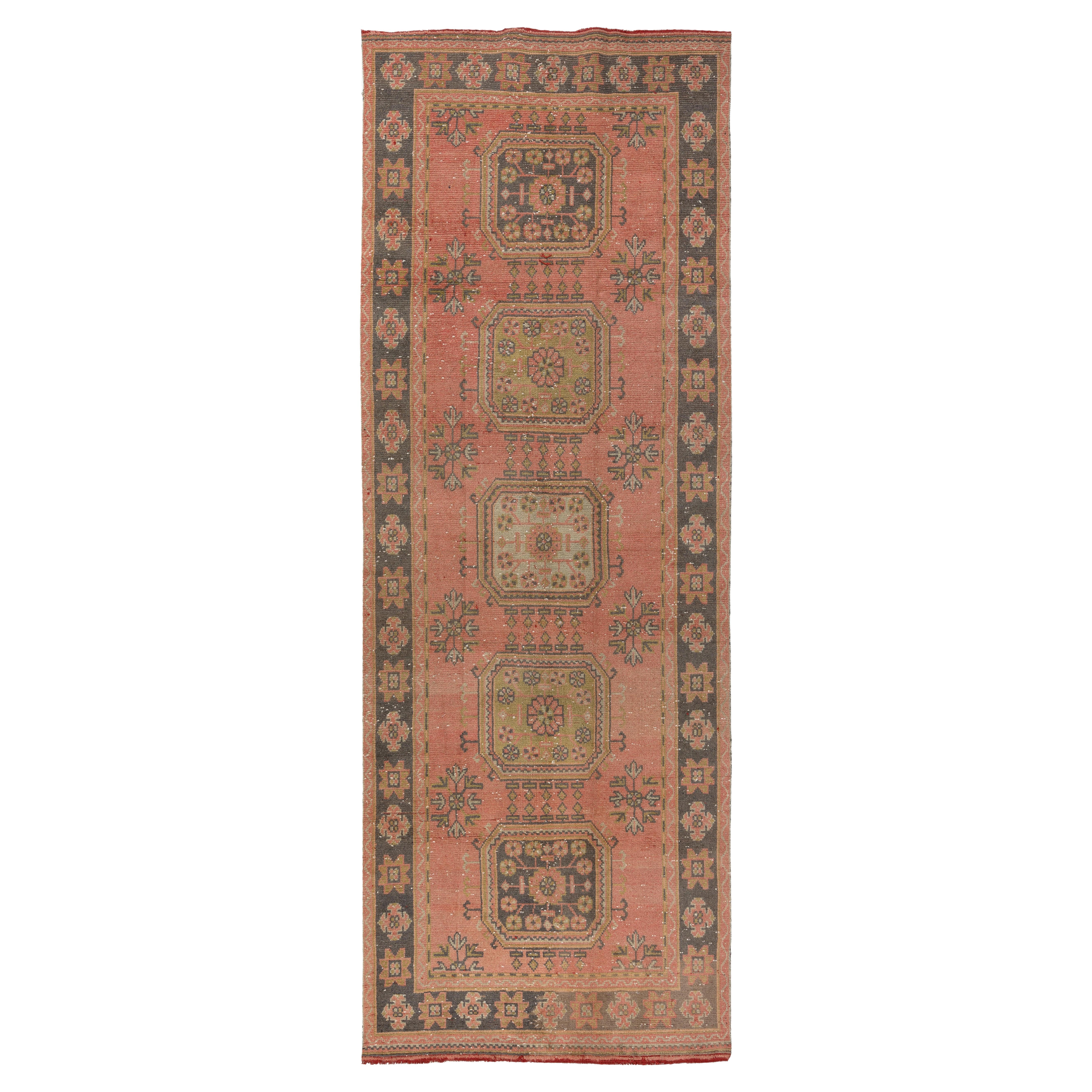4.3x11.6 Ft Handmade Anatolian 1960s Runner Rug in Dark Coral Pink for Hallway For Sale