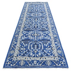4'3 "x11'9" Kobaltblauer feiner Peshawar Teppich aus weicher Wolle, handgeknüpft, breit
