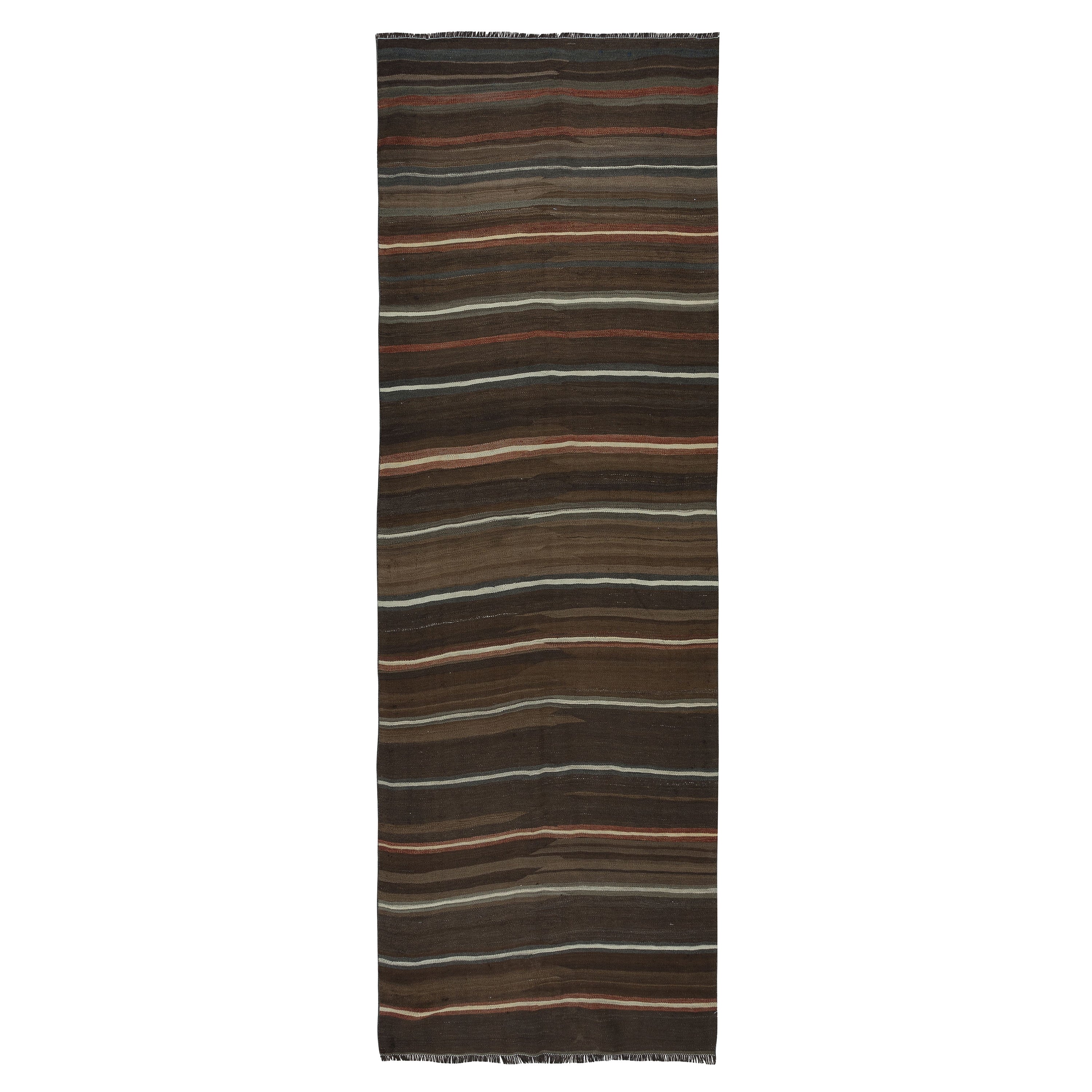 Runner Kilim turco a righe vintage intrecciato a mano 4,3x12,2 piedi, "a trama piatta". in vendita