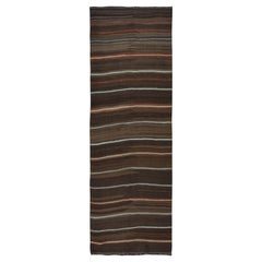 4.3x12.2 Ft Handwoven Vintage Striped Brown Kilim Runner. Flat-Weave Turkish Rug