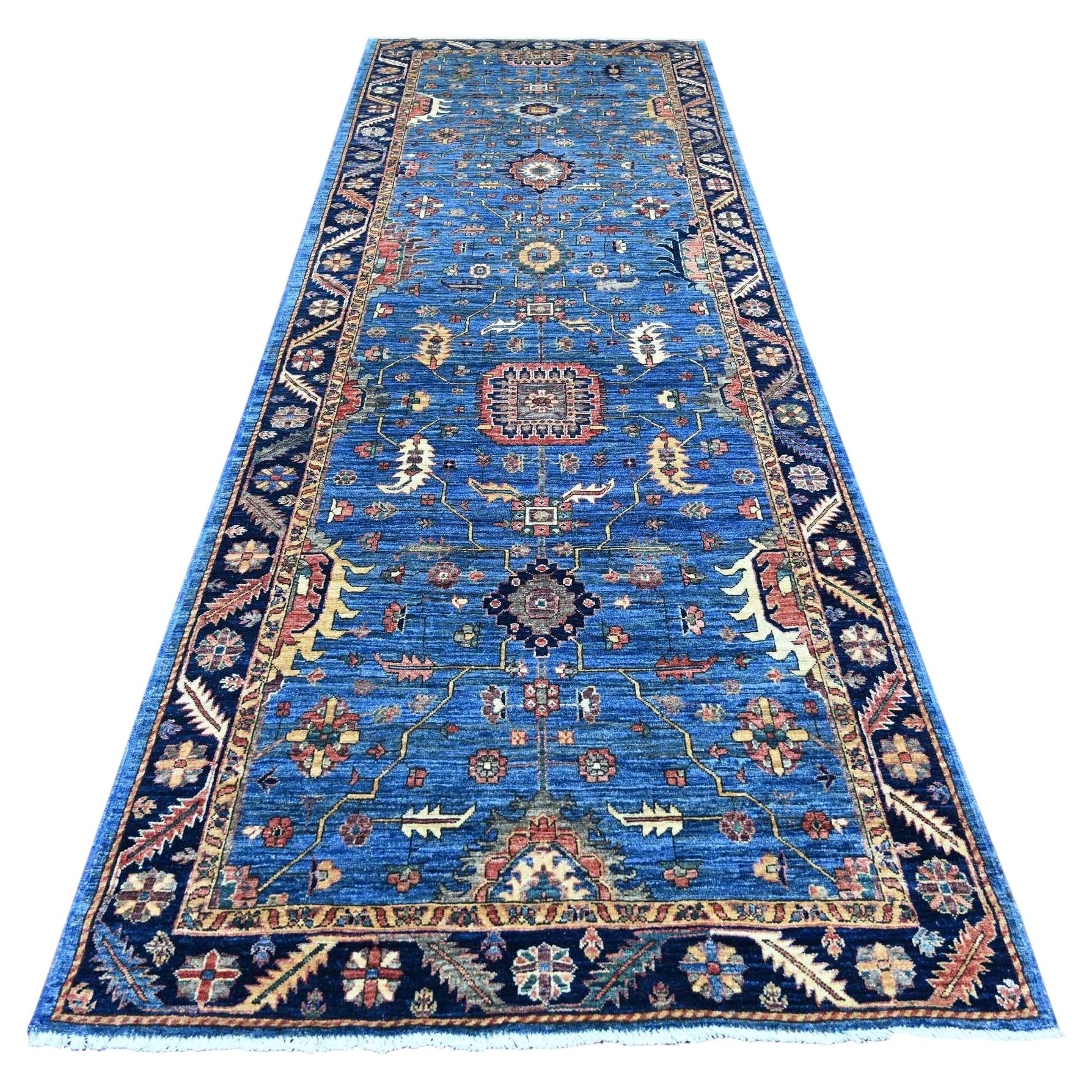 4'3"x12'4" Imperial Blue Heriz All Over Design Hand Knotted Pure Wool Runner Rug
