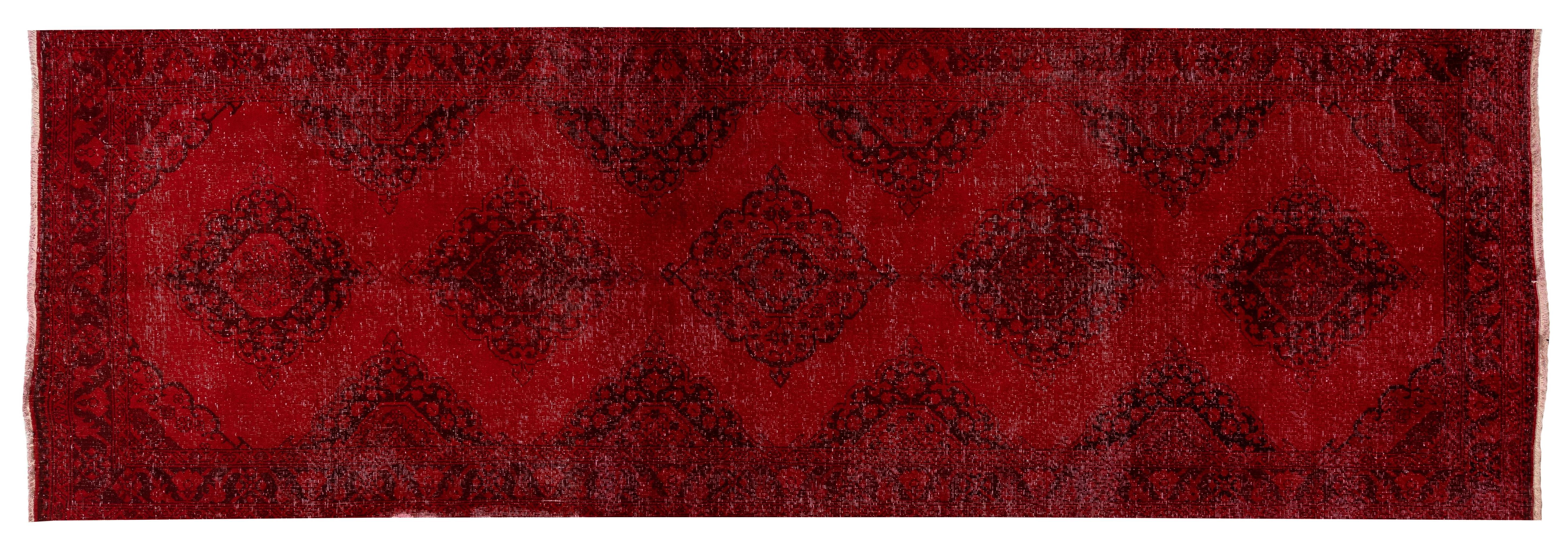 20th Century 4.3x13.5 Ft Handmade Anatolian Runner Rug. Modern Burgundy Red Corridor Carpet For Sale