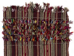 4.2x5 Ft Handmade Turkish Wool Kilim with Colorful Poms, Folk Art, Wall Hanging