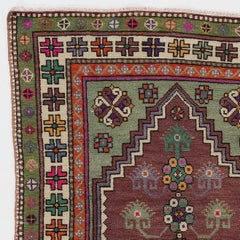 4.3x5.3 Ft Colorful Vintage Hand Knotted Geometric Turkish Accent Rug, 100% Wool