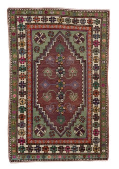 4.3x5.3 Ft Colorful Vintage Hand Knotted Geometric Turkish Accent Rug, 100% Wool