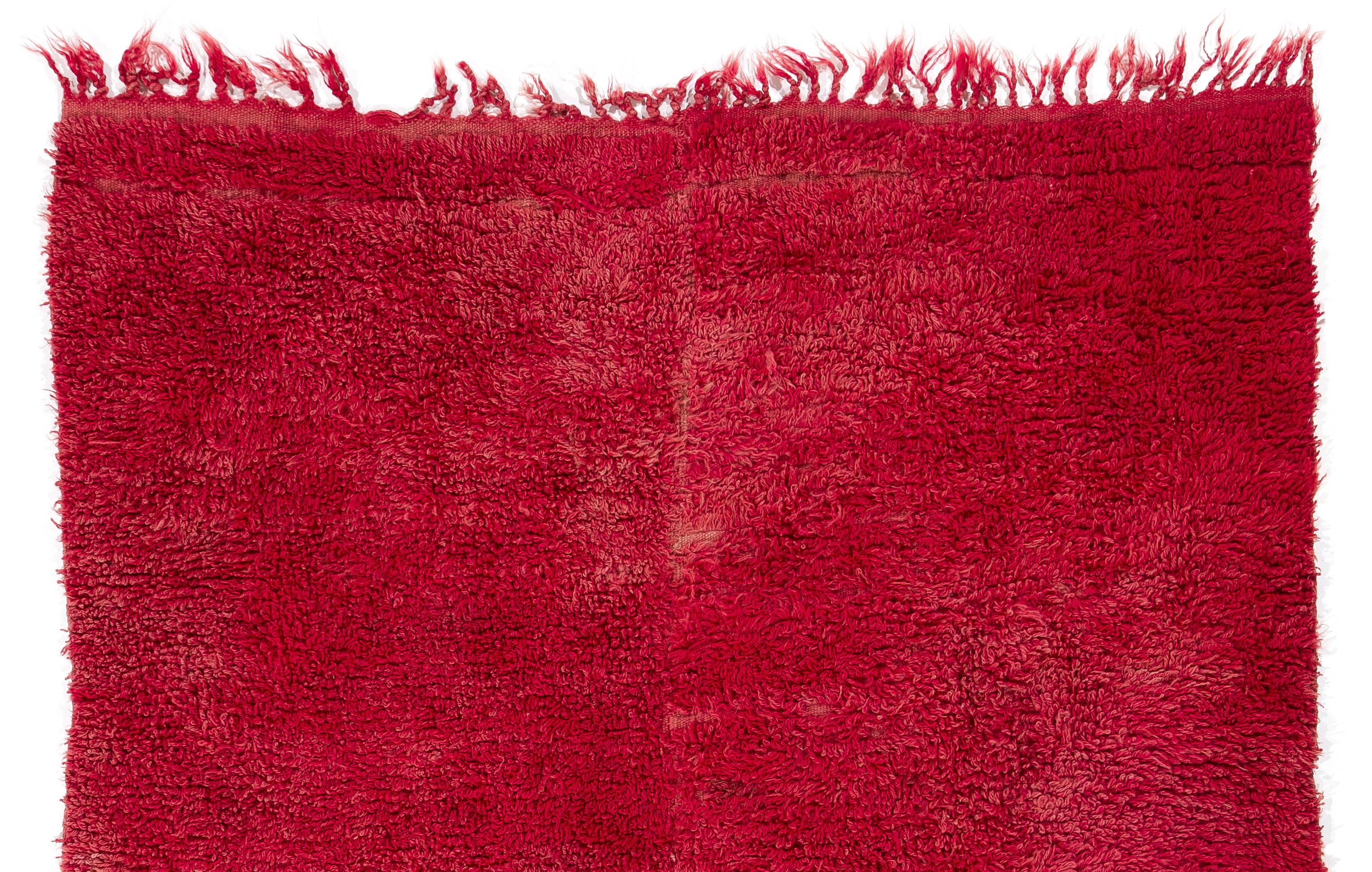 Minimalist 4.3x5.3 Ft Plain Solid Red Color Hand-Knotted Vintage Tulu Rug. 100% Soft Wool. For Sale