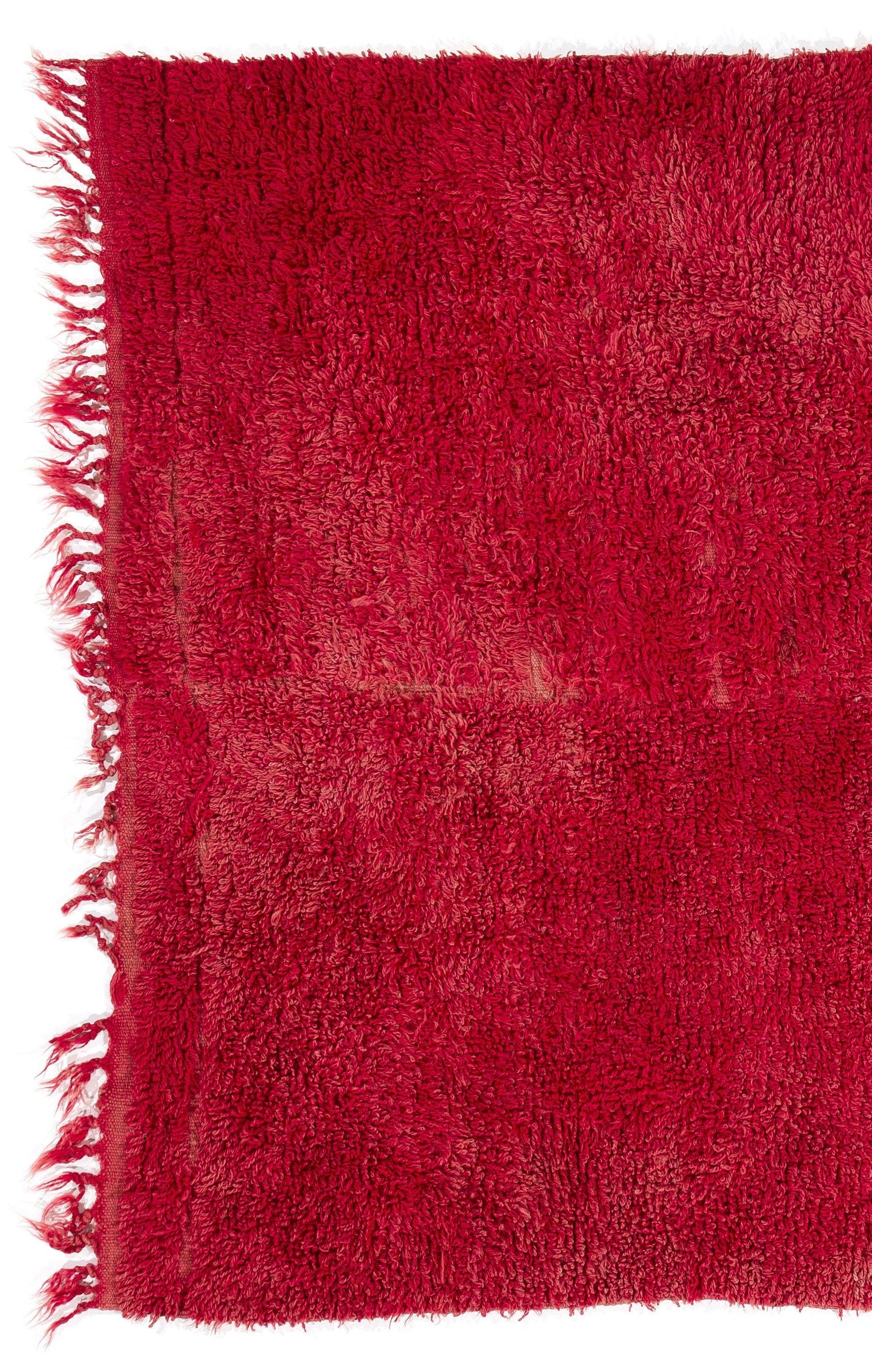 Turkish 4.3x5.3 Ft Plain Solid Red Color Hand-Knotted Vintage Tulu Rug. 100% Soft Wool. For Sale