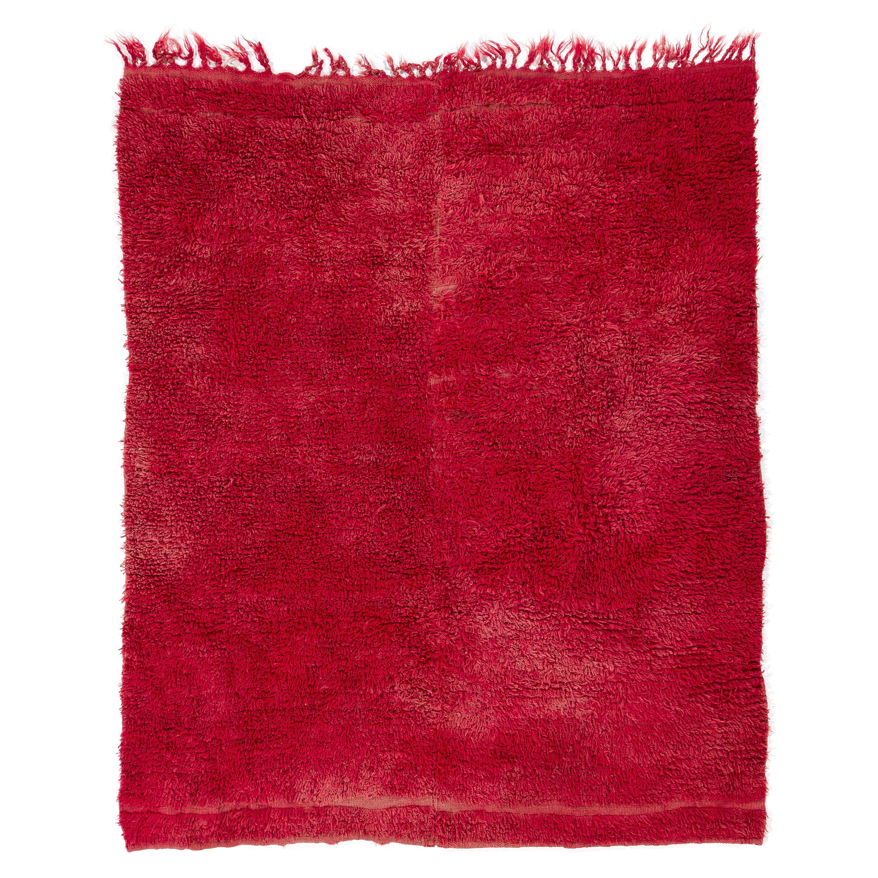 4.3x5.3 Ft Plain Solid Red Color Hand-Knotted Vintage Tulu Rug. 100% Soft Wool. For Sale