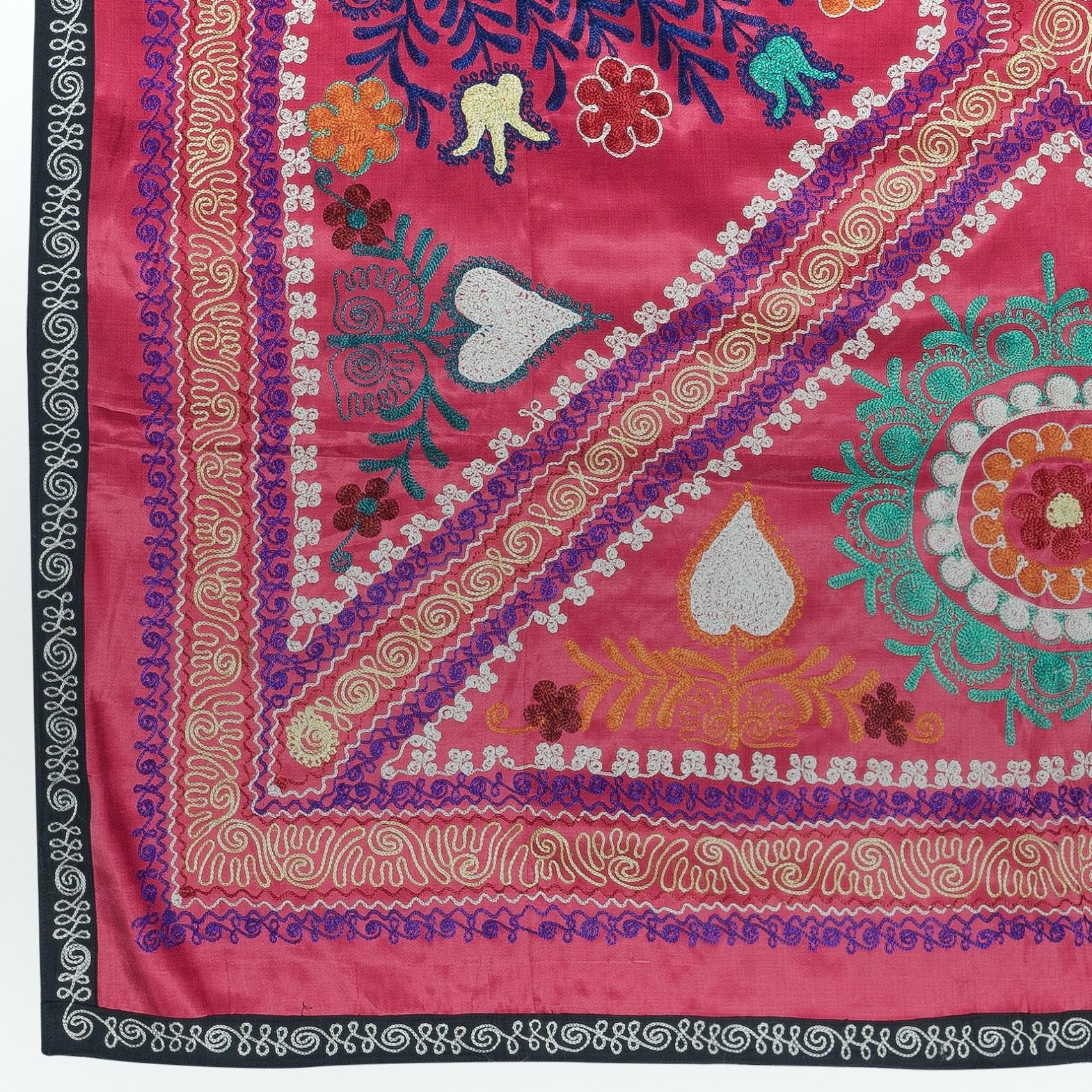 Central Asian 4.3x5.5 Ft Embroidered Silk & Cotton Wall Hanging. Red Bed Cover. New Tablecloth For Sale