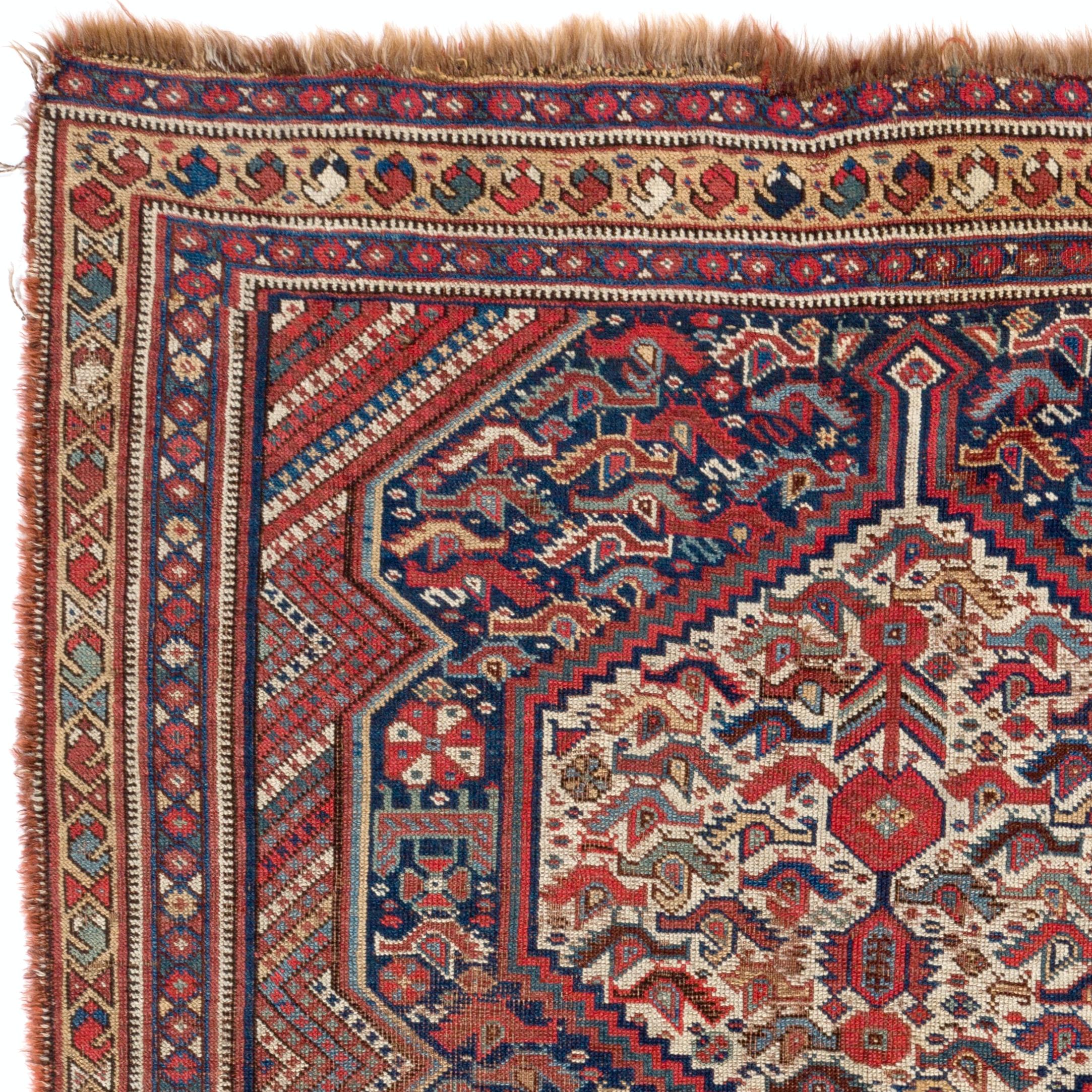 Antiker persischer Shiraz Qashqai-Teppich mit 4.3x5.7 Fuß, ca. 1890, 100 % Wolle (Stammeskunst) im Angebot