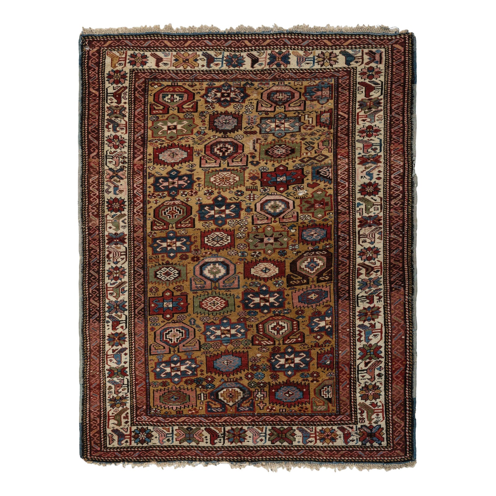 4.3x5.7 Ft Antique Yellow Ground Kuba (Quba) Rug With Birds, North East Caucasus