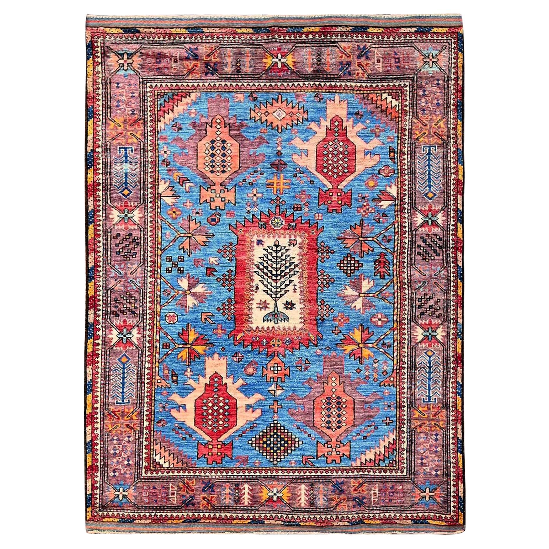 4'3 "x5'7" Maya Blau Afghan Ersari Kaukasisch Design Revival Hand geknüpft Wolle Teppich