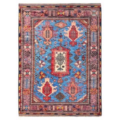 Maya Blue Afghan Ersari Caucasian Design Revival 4'3 "x5'7" Tappeto di Lana Annodato a Mano