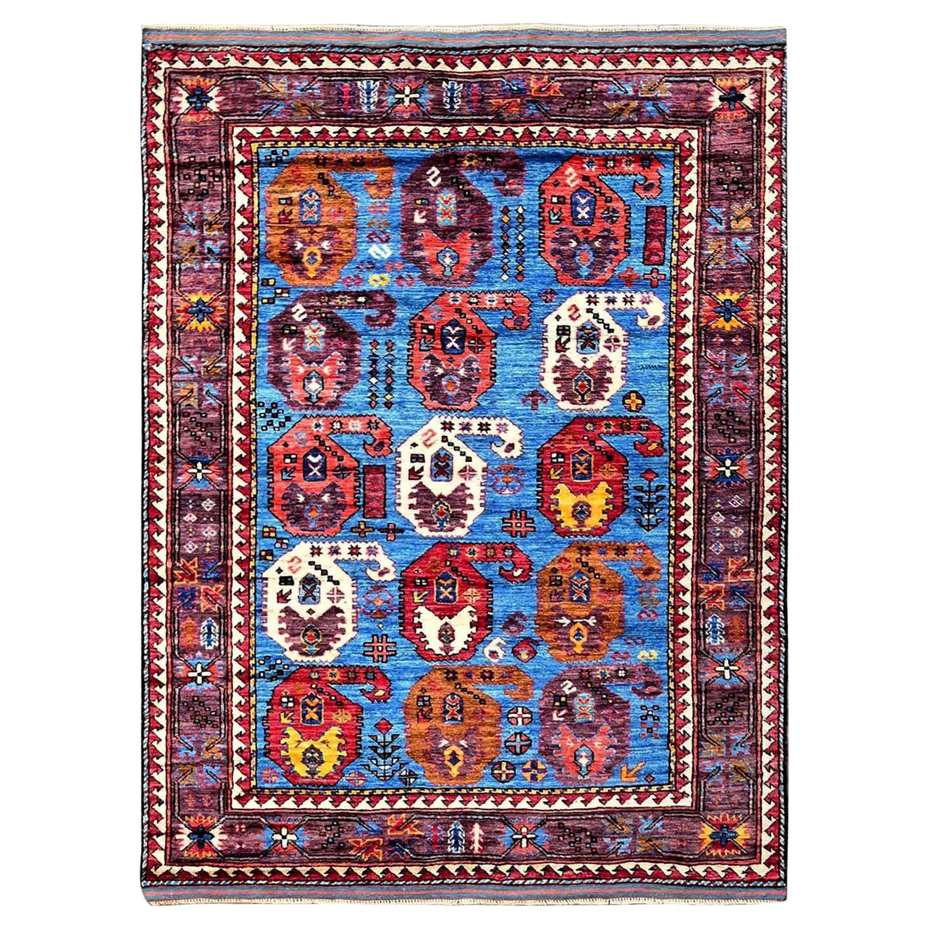 4'3"x5'8" Blue Afghan Ersari with Caucasian Design Revival Hand Knotted Wool Rug