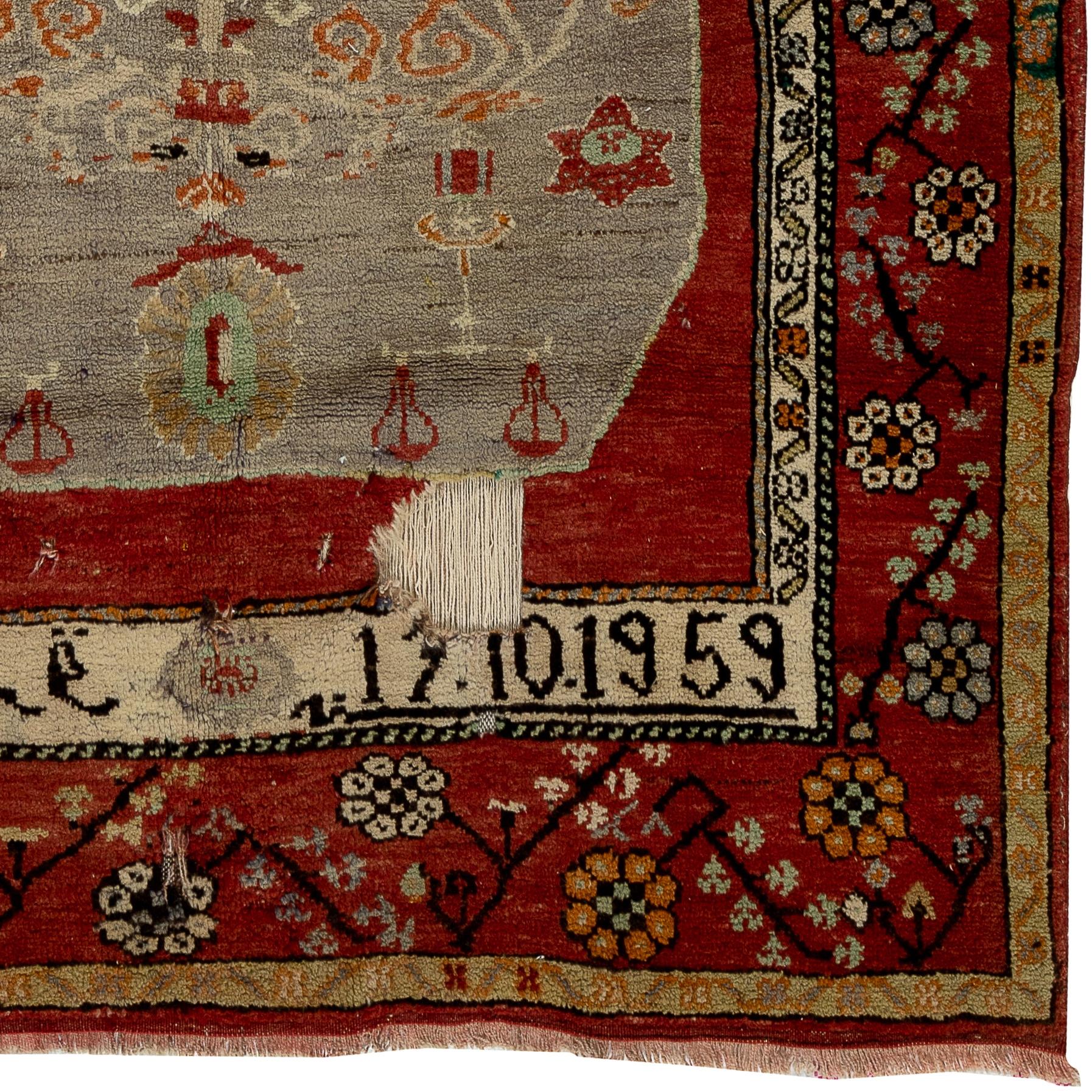 Hand-Woven 4.3x5.8 Ft Semi Antique Turkish Rug, Dated 1959, Inscripted in Ottoman Turkish For Sale