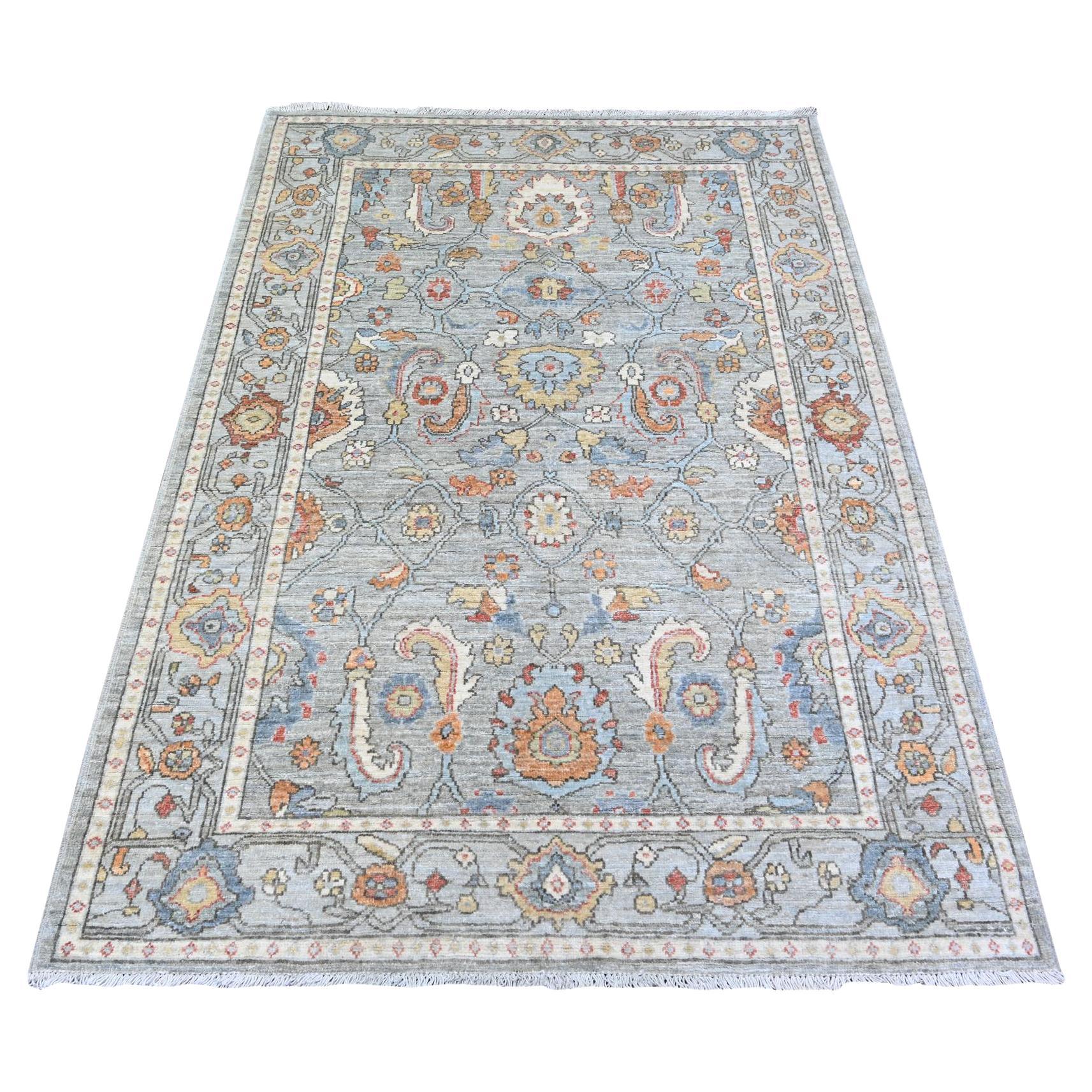 4'3"x6' Cadet Gray Finer Peshawar All Over Mahal Design Wool Hand Knotted Rug For Sale