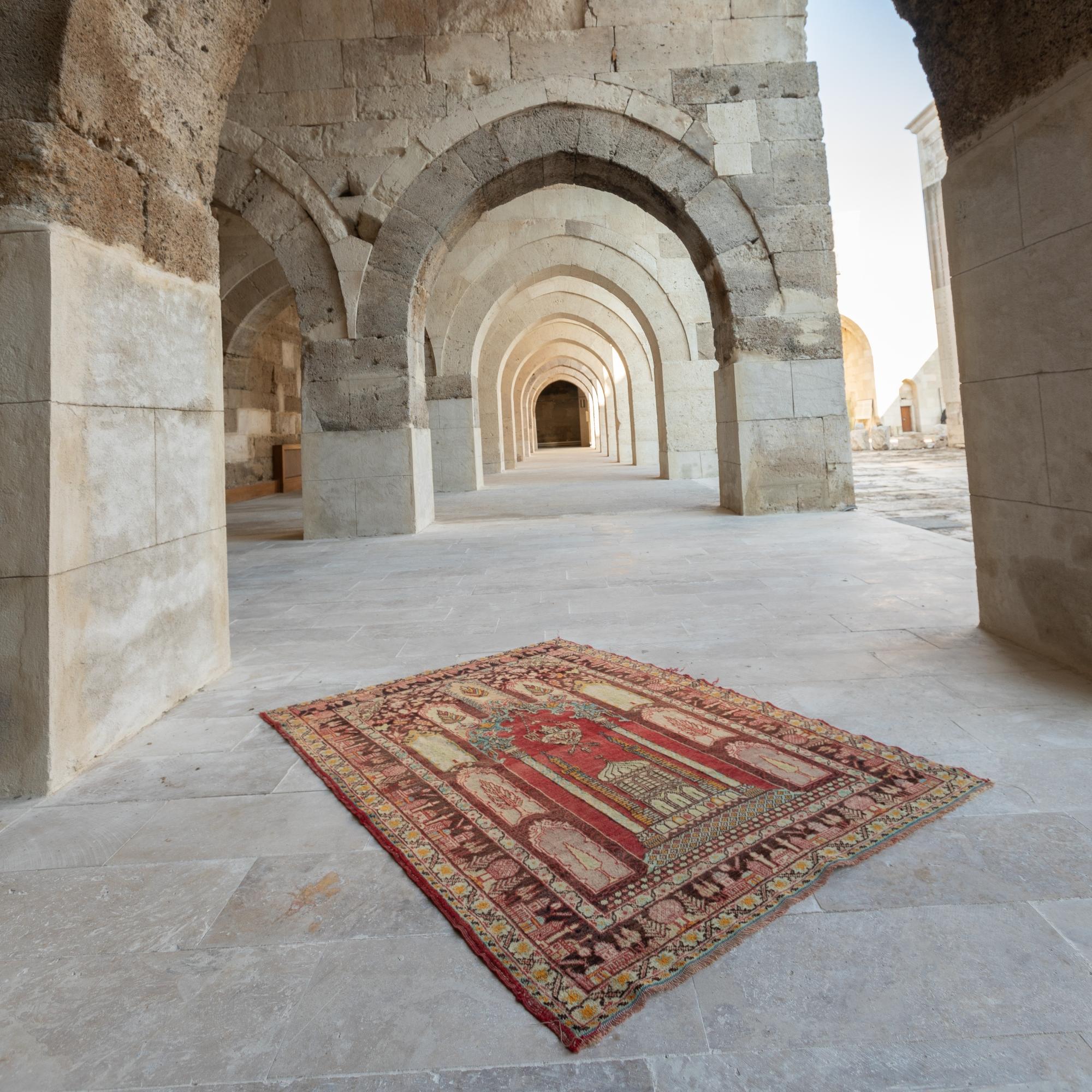 Islamic 4.3x6 Ft Semi Antique Handmade Cappadocia Wool Prayer Rug from Turkey. Ca 1940 For Sale