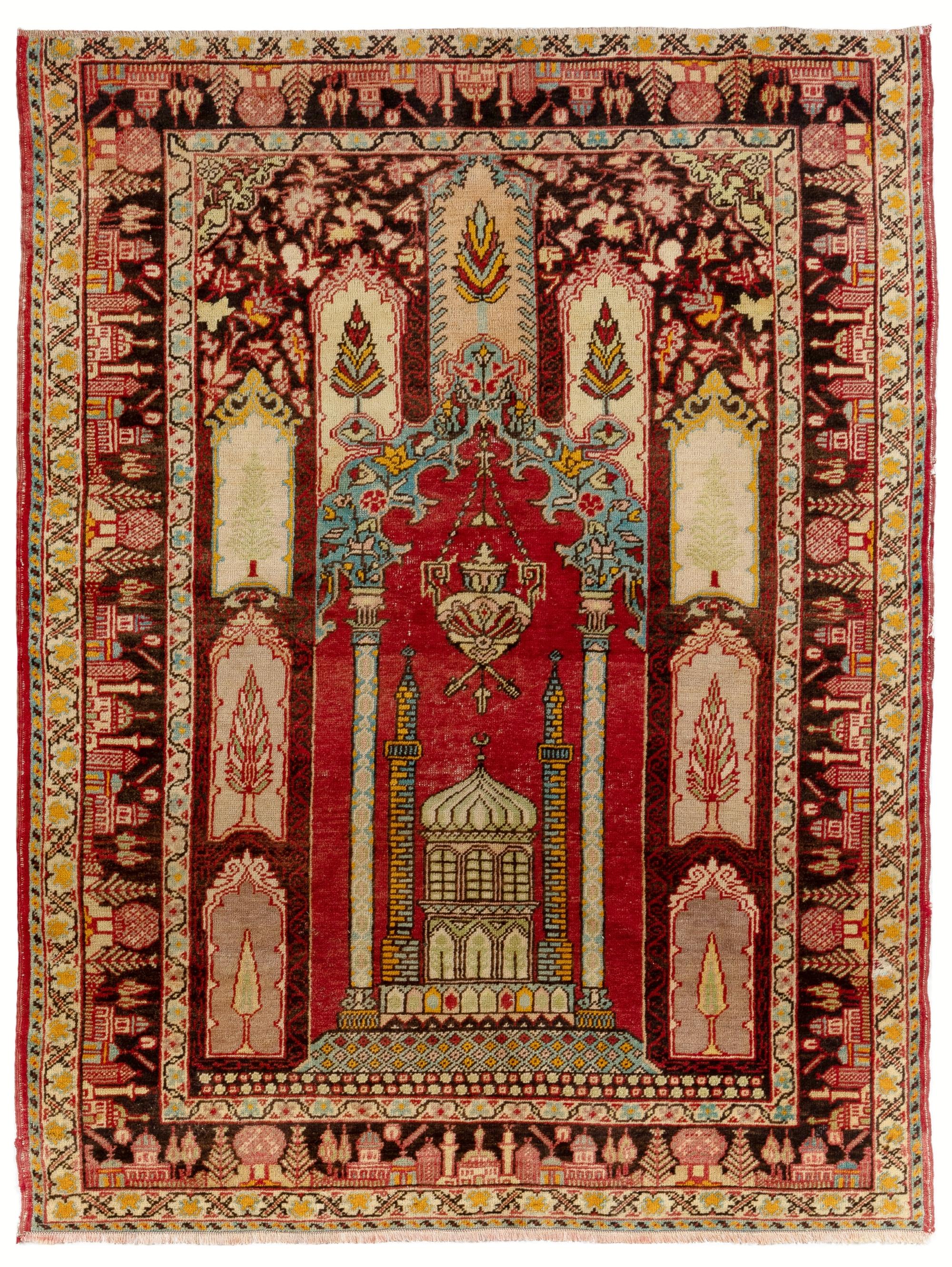 Turkish 4.3x6 Ft Semi Antique Handmade Cappadocia Wool Prayer Rug from Turkey. Ca 1940 For Sale