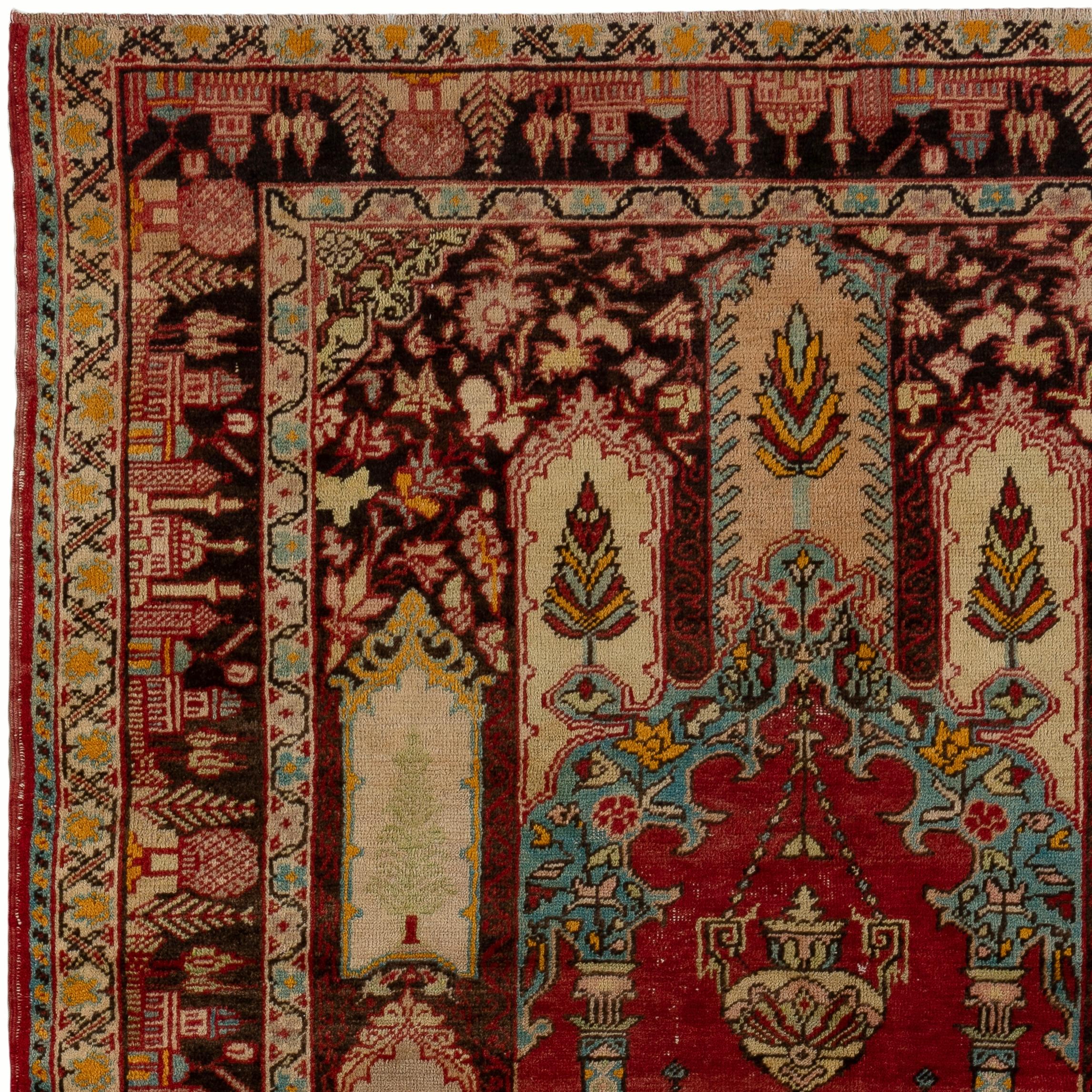 Hand-Knotted 4.3x6 Ft Semi Antique Handmade Cappadocia Wool Prayer Rug from Turkey. Ca 1940 For Sale