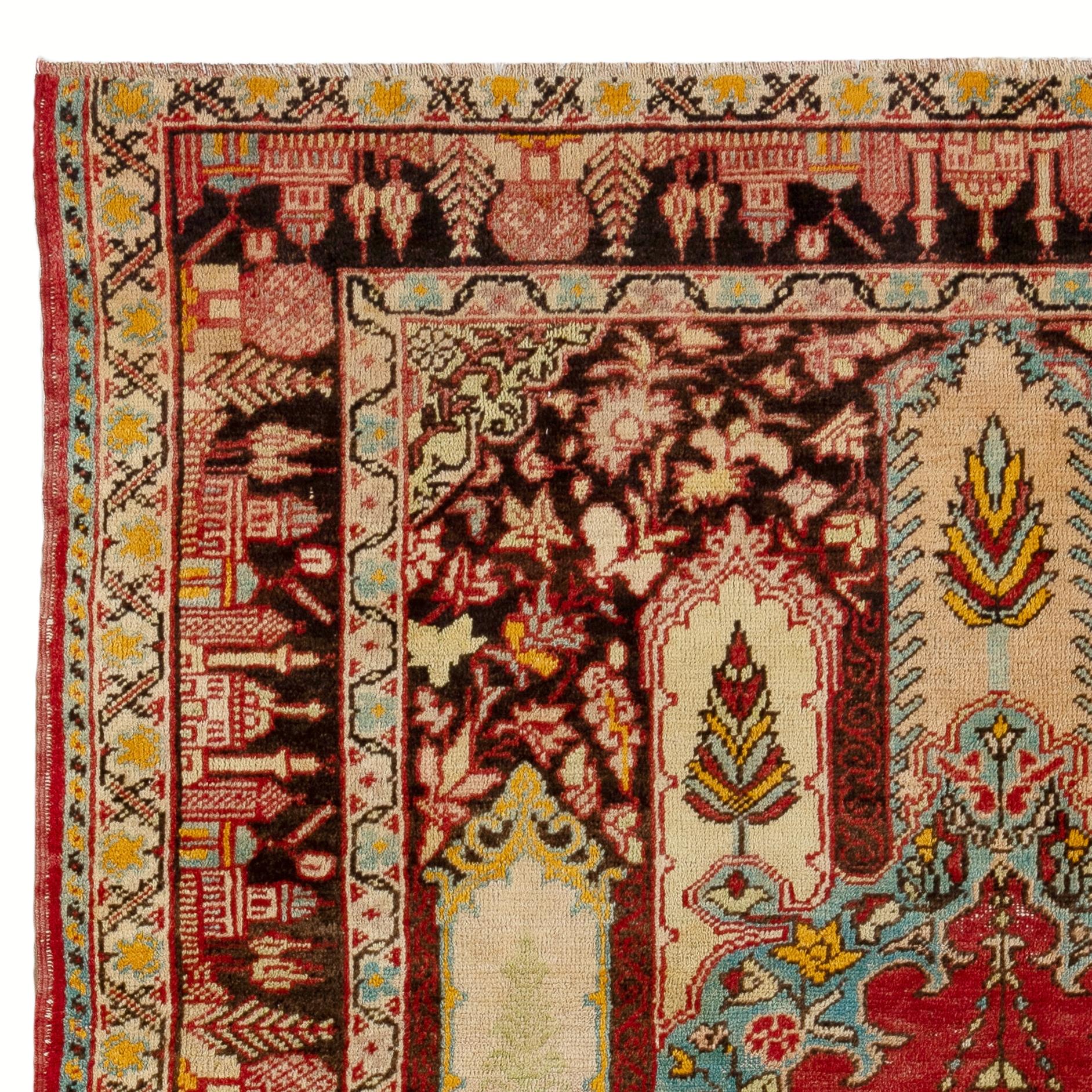 Hand-Knotted 4.3x6 Ft Semi Antique Handmade Cappadocia Wool Prayer Rug from Turkey. Ca 1940 For Sale