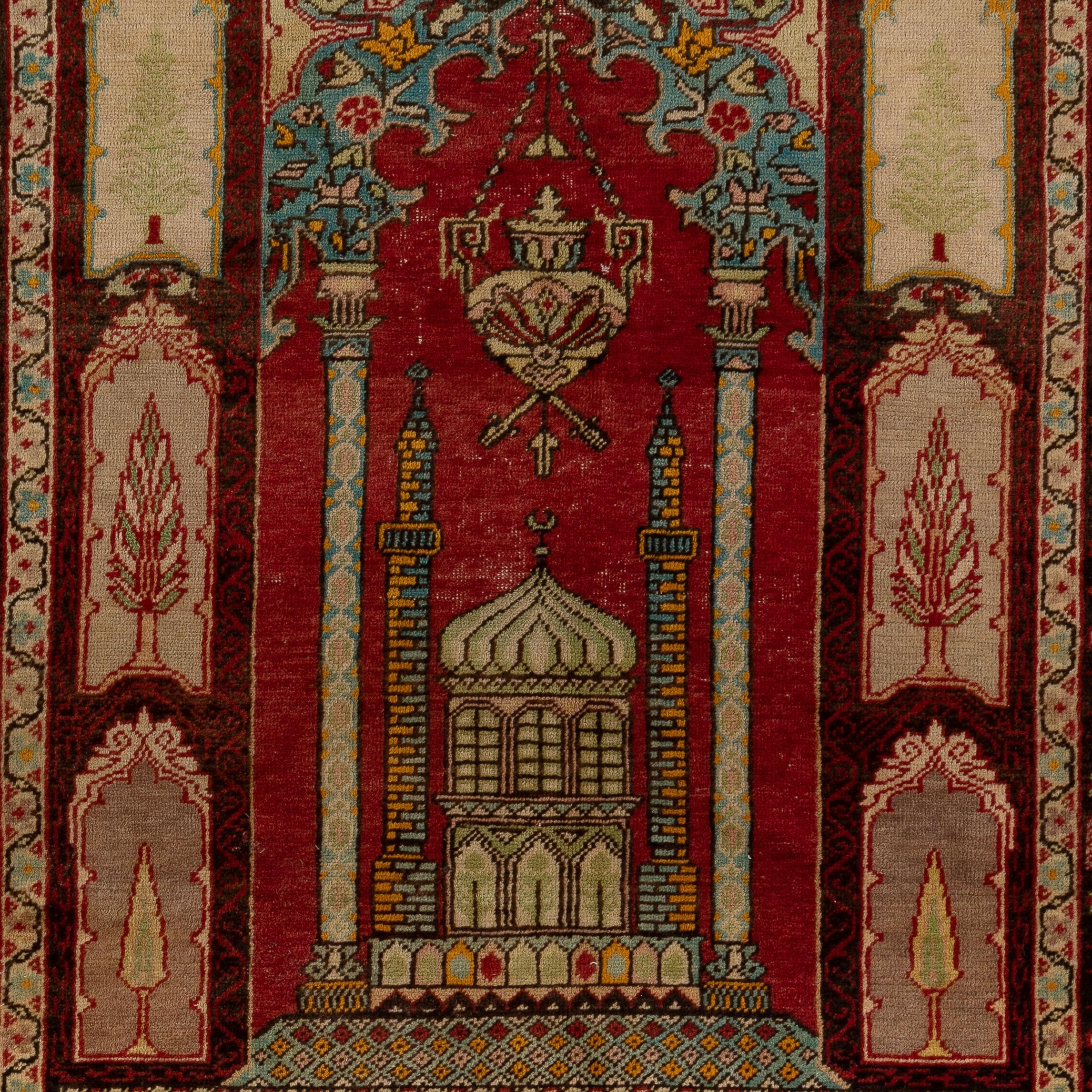 4.3x6 Ft Semi Antique Handmade Cappadocia Wool Prayer Rug from Turkey. Ca 1940 In Good Condition For Sale In Philadelphia, PA