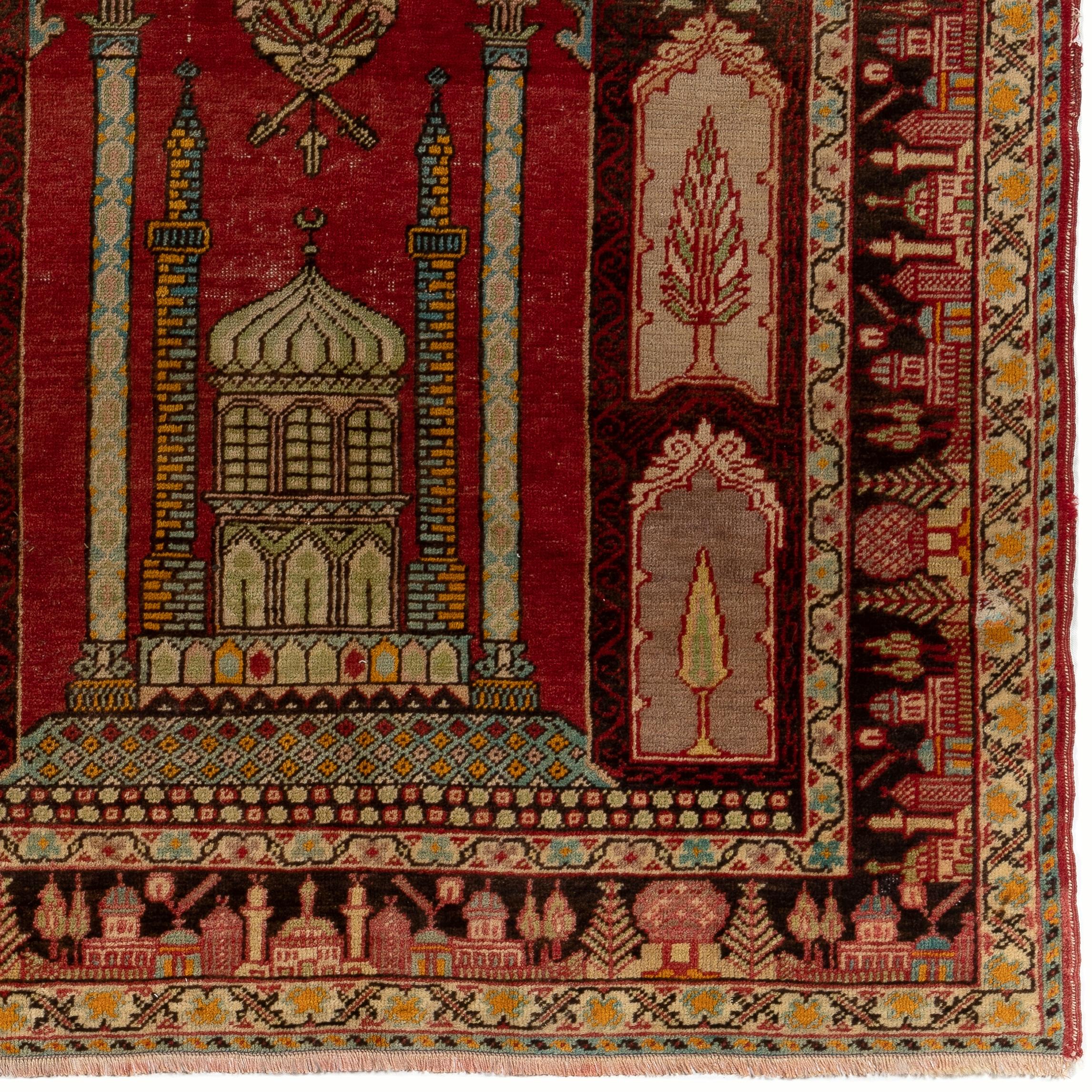 Mid-20th Century 4.3x6 Ft Semi Antique Handmade Cappadocia Wool Prayer Rug from Turkey. Ca 1940 For Sale