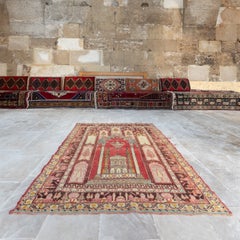 4.3x6 Ft Semi Antique Tapis de prière en laine de Cappadoce fait à la main en Turquie. Ca 1940