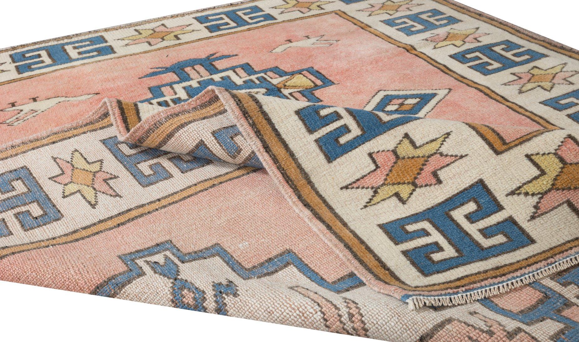 Tribal Vintage Handmade Turkish Wool Rug with Geometric Design For Sale