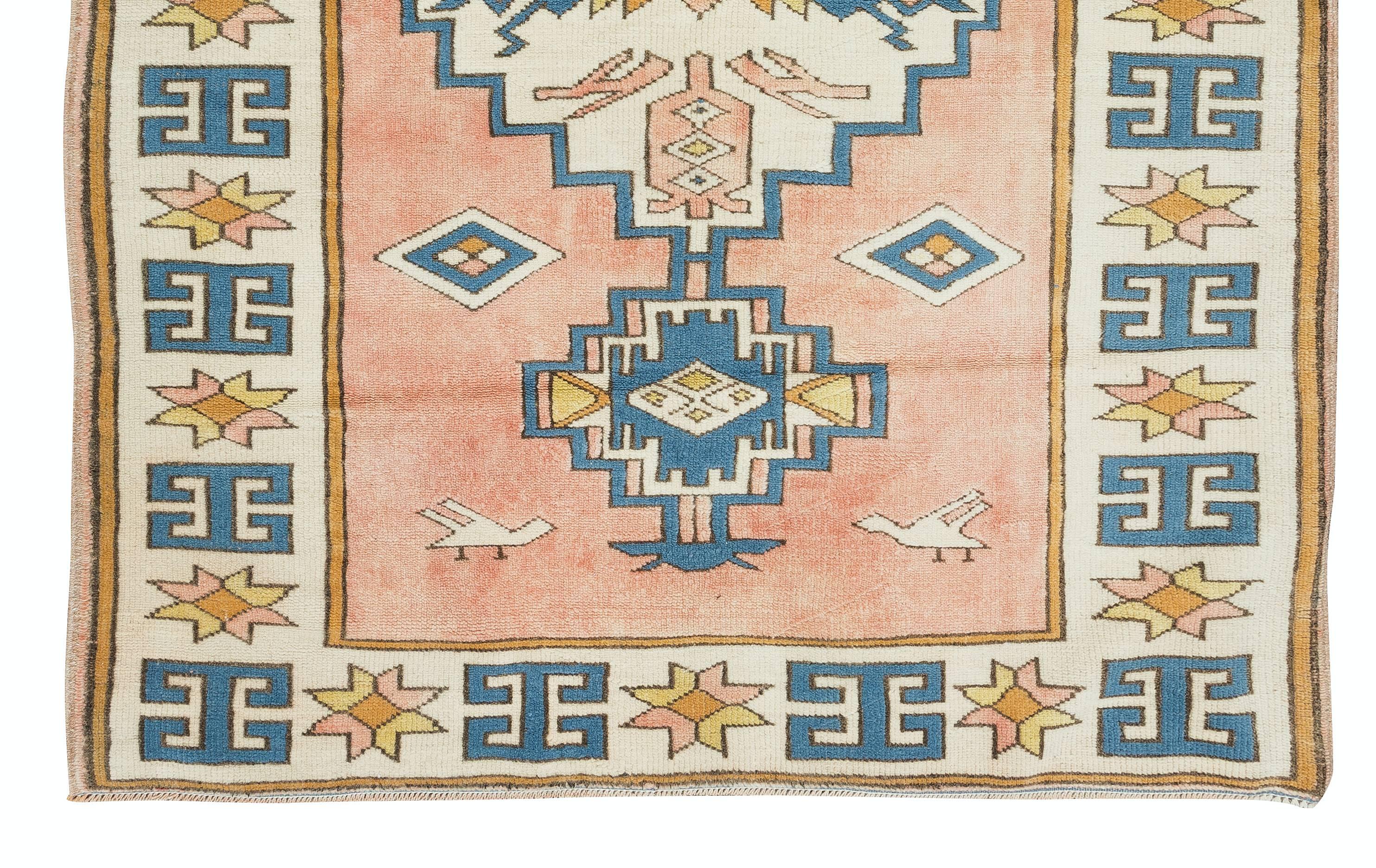 Vintage Handmade Turkish Wool Rug with Geometric Design In Good Condition For Sale In Philadelphia, PA