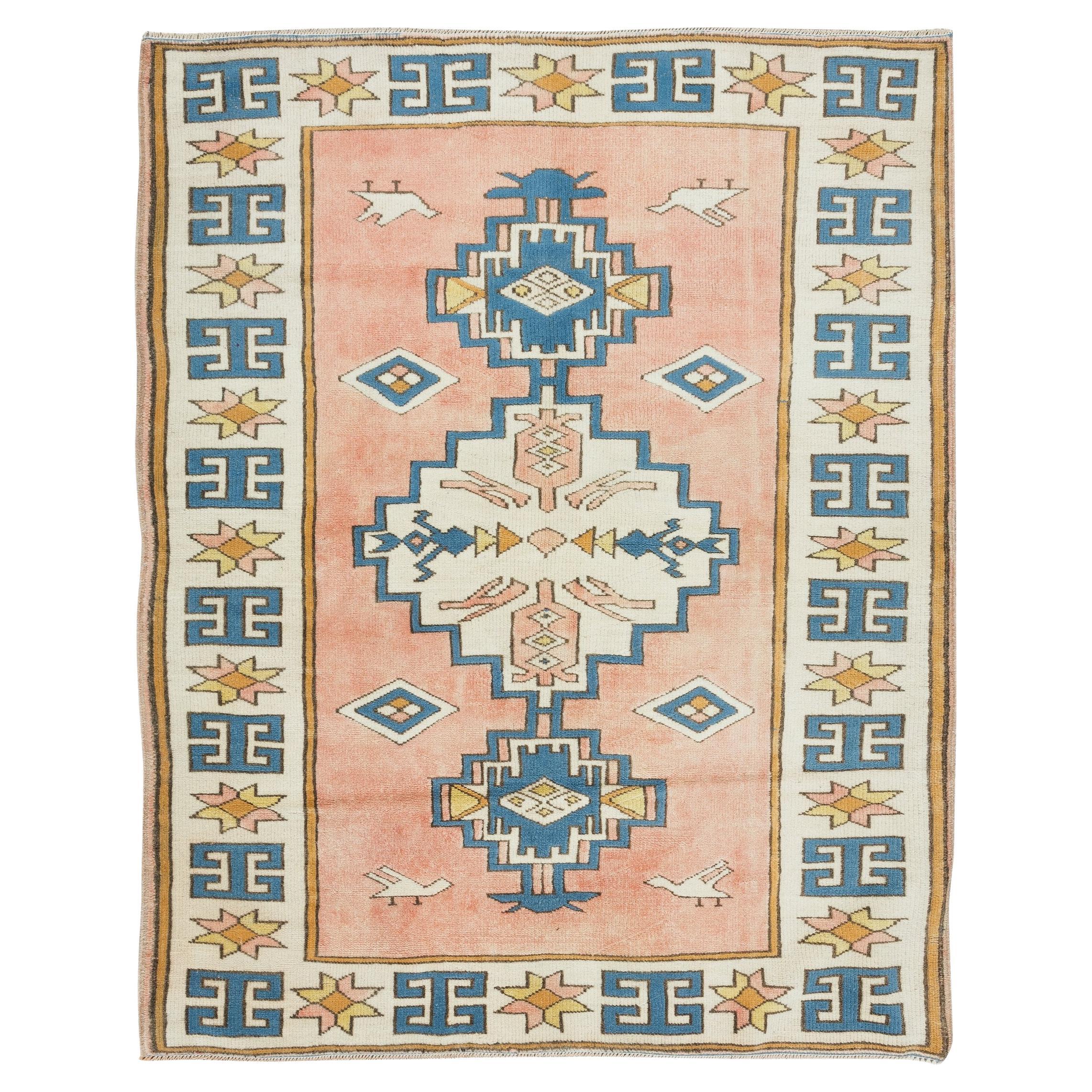 4.3x6 ft Modern Handmade Turkish Accent Rug with Geometric Design, 100% Wool For Sale