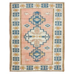 Tappeto d'accento turco moderno fatto a mano 4,3x6 ft con design geometrico, 100% lana