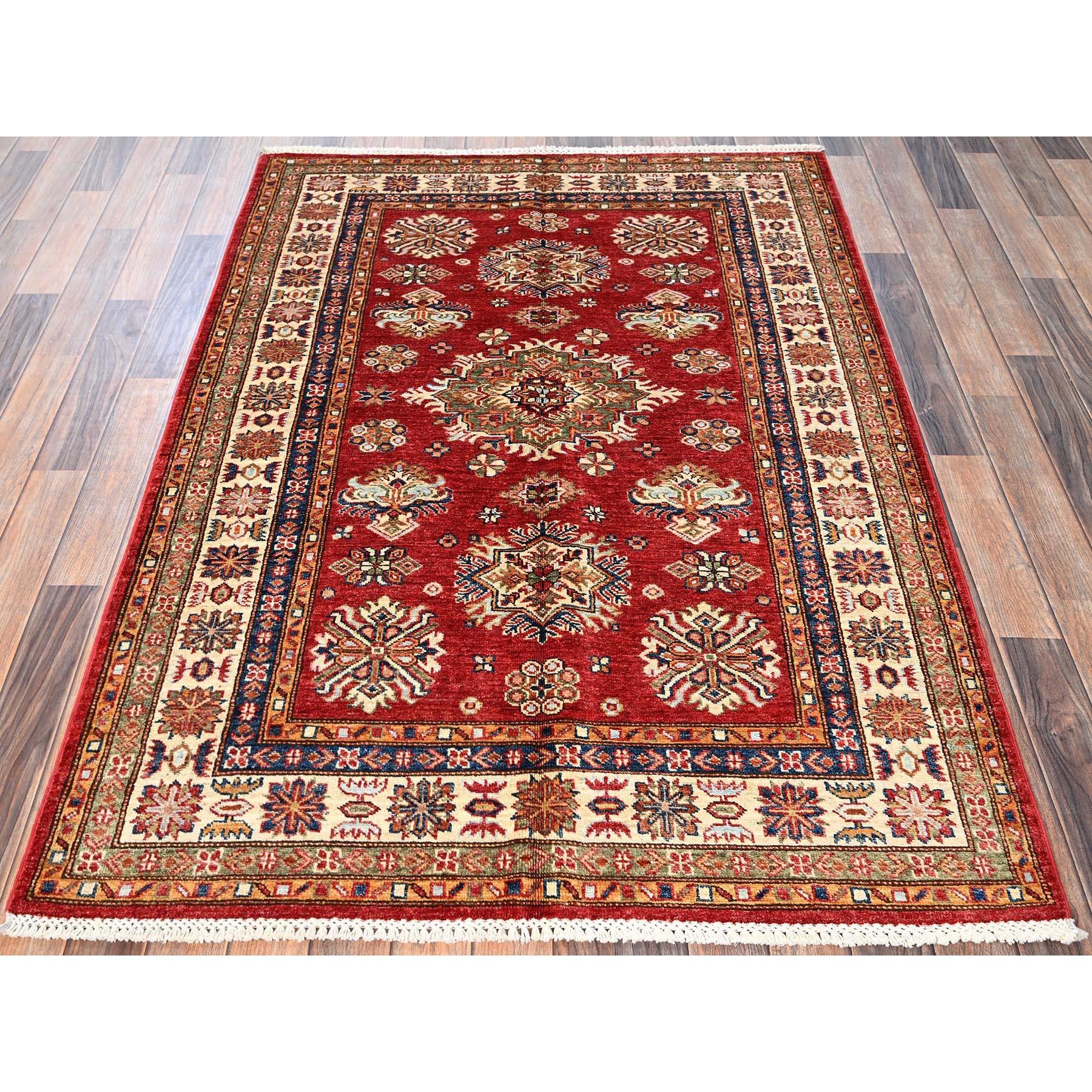 Scarlet Red, Afghan Super Kazak with Geometric Medallions Design, Hand Knotted, Pure Wool, Vegetable Dyes, Oriental Rug
Primary materials: Wool
Latex: No Pile 
height: 0.25 Inches
Style: Traditional
Primary color: Red
Secondary colors: Green, Navy