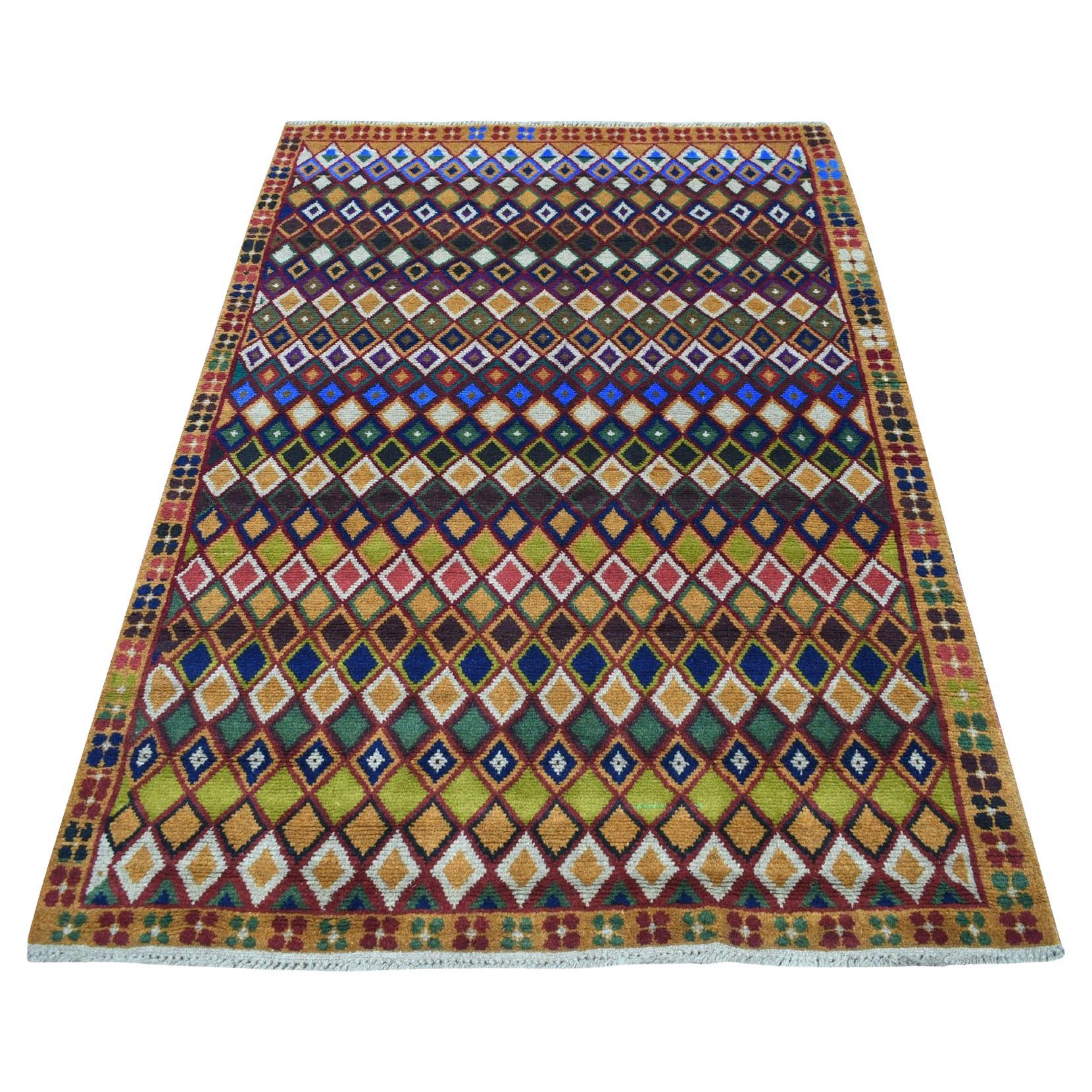 4'3"x6'1" Brown Tribal Design Colorful Afghan Baluch Hand Knotted Pure Wool Rug