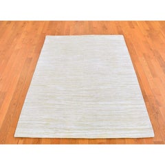 4'3"x6'1" Ivory Silk with Textured Wool Tone on Tone Striae Design Handmade Rug