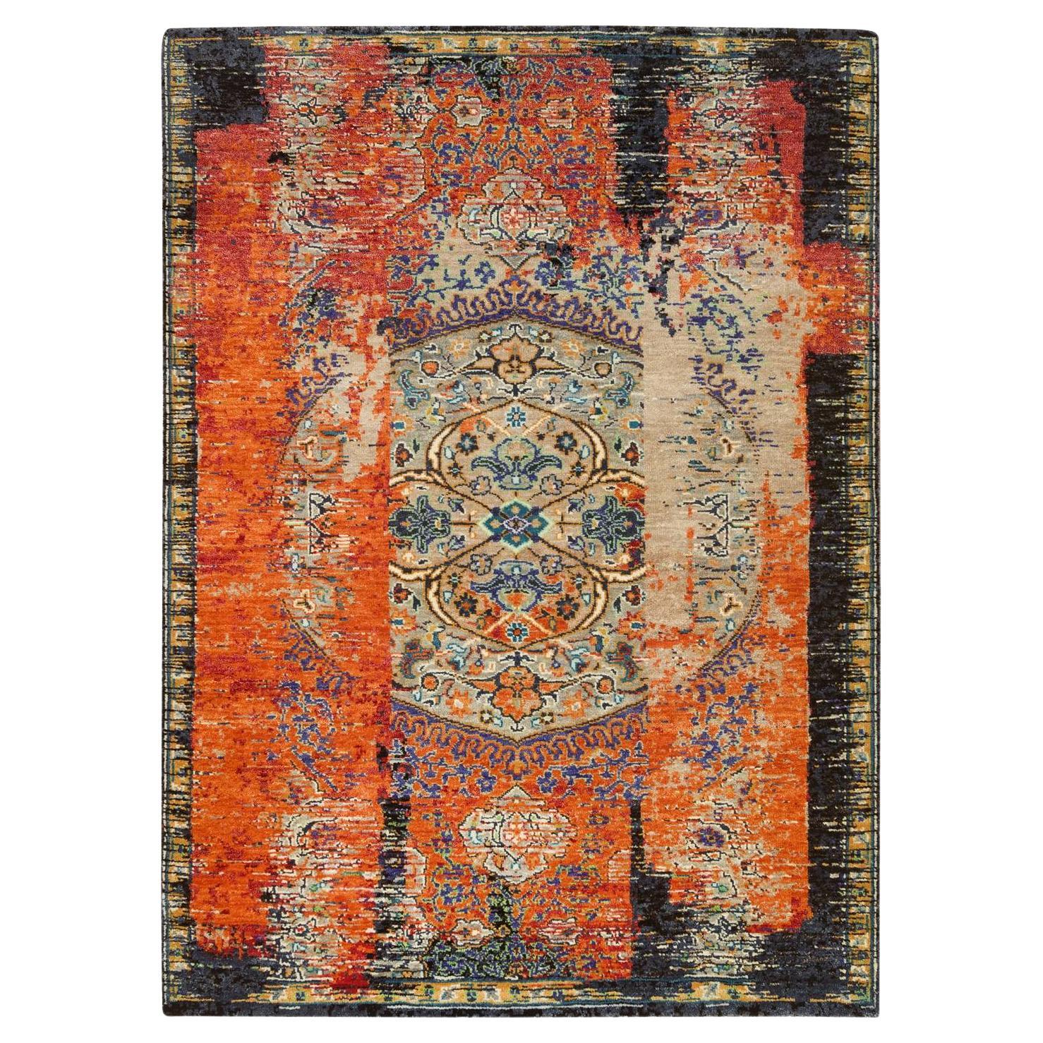 4'3 "x6'1" Rust Red Ancient Ottoman Erased Design Ghazni Tappeto in lana annodato a mano in vendita