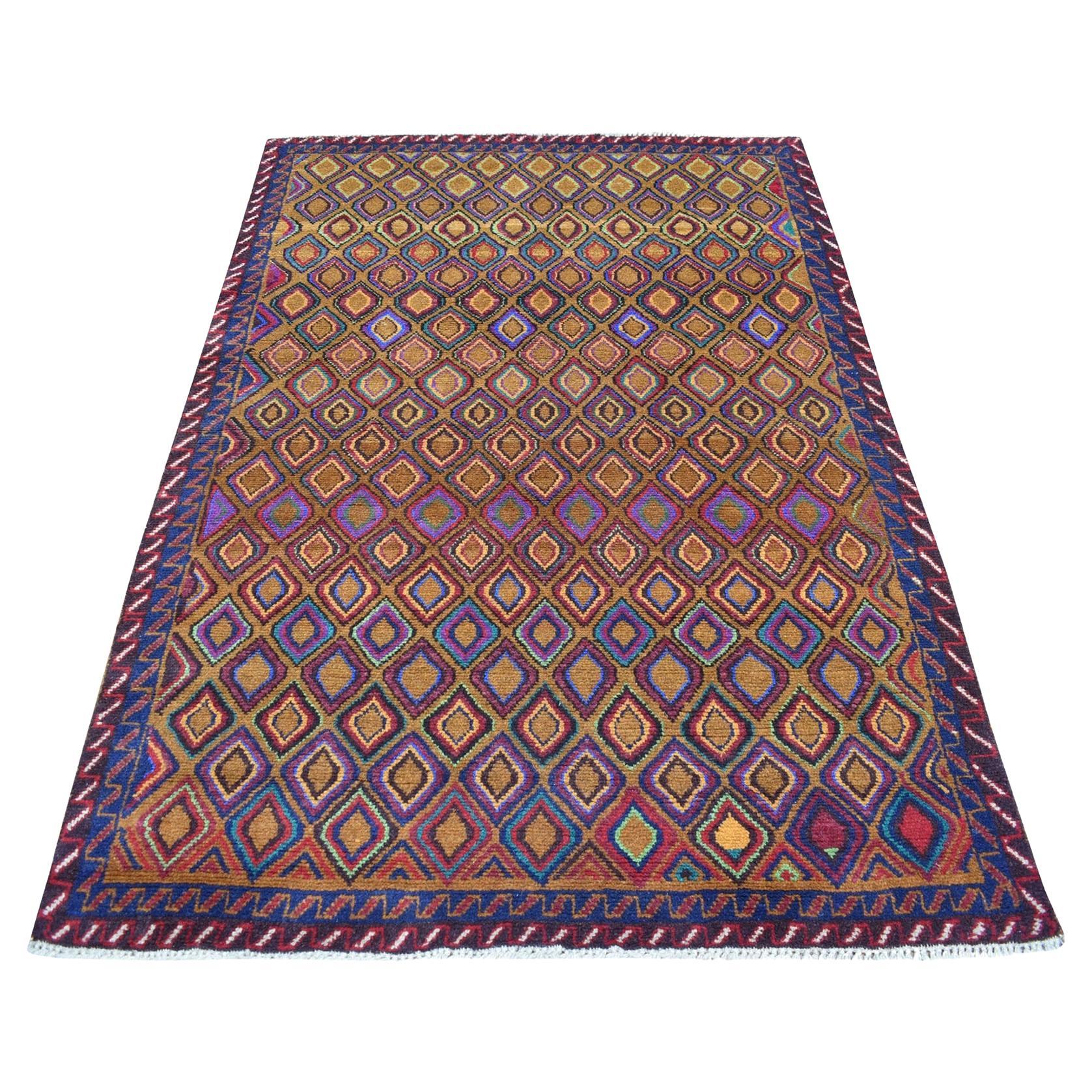 4'3"x6'2" Brown Tribal Design Colorful Afghan Baluch Pure Wool Hand Knotted Rug