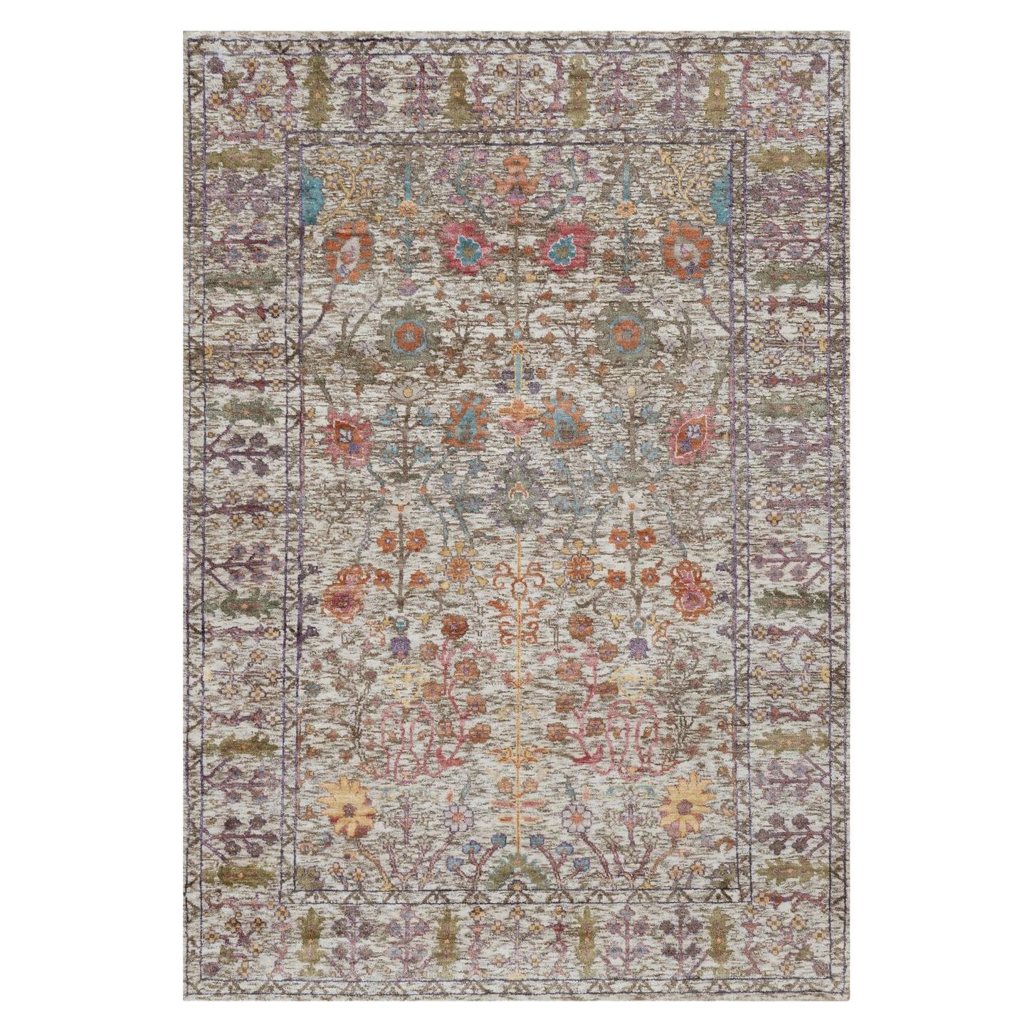 4'3"x6'2" Snow White Vase Design Silk with Textured Wool Hand Knotted Rug
