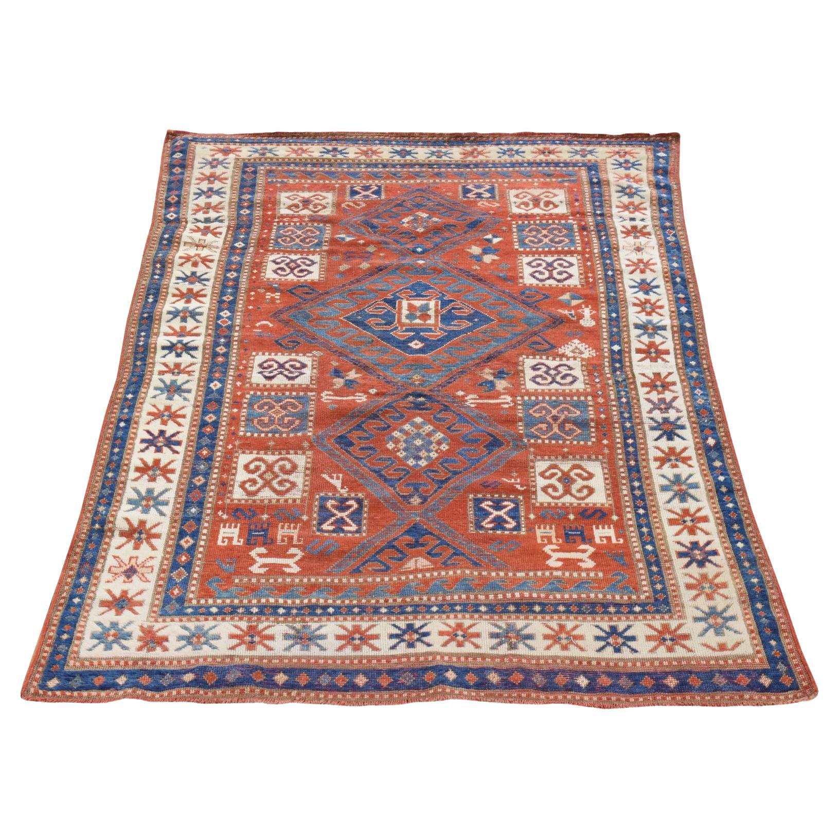 4'3 "x6'3" Rouge Antique Caucasien Kazak Geometric Design Hand Knots Rugs (Tapis de laine noué à la main)