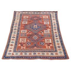 4'3 "x6'3" Alfombra de lana anudada a mano con diseño geométrico Kazak rojo antiguo del Cáucaso
