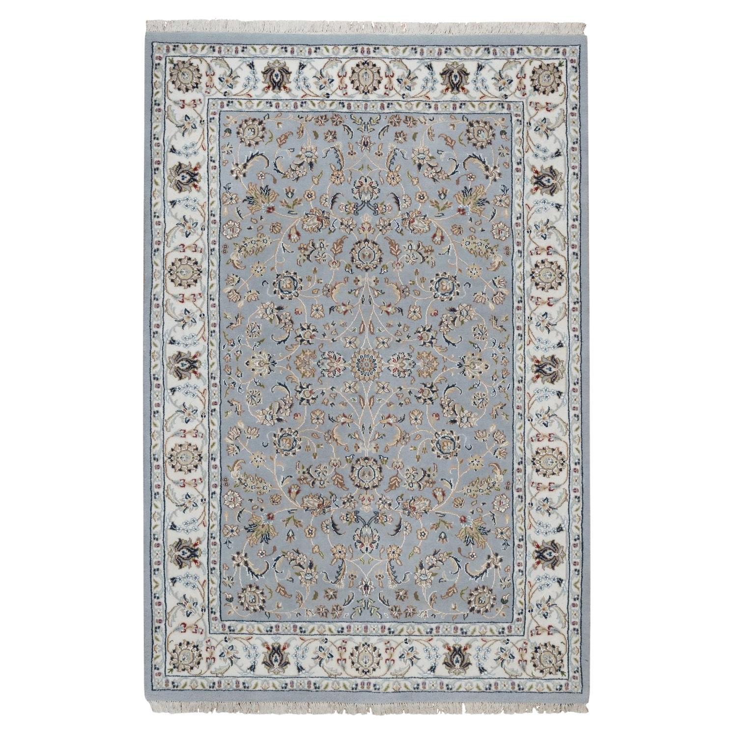 Tappeto orientale annodato a mano 4'3 "x6'4" in lana e seta blu chiaro con disegno di fiori di Nain