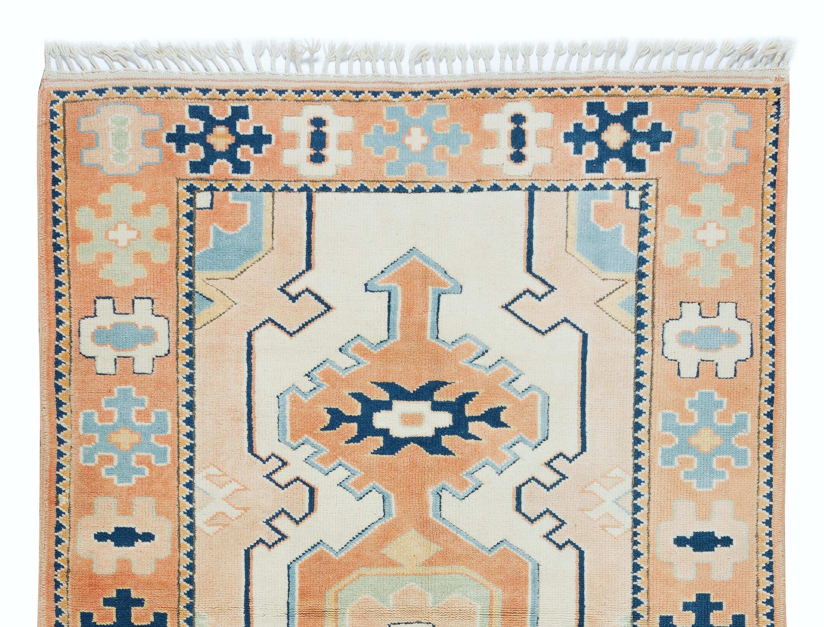 Hand-Knotted 4.3x6.5 Ft One-of-a-Kind Mid-Century Handmade Turkish Rug with Geometric Design For Sale