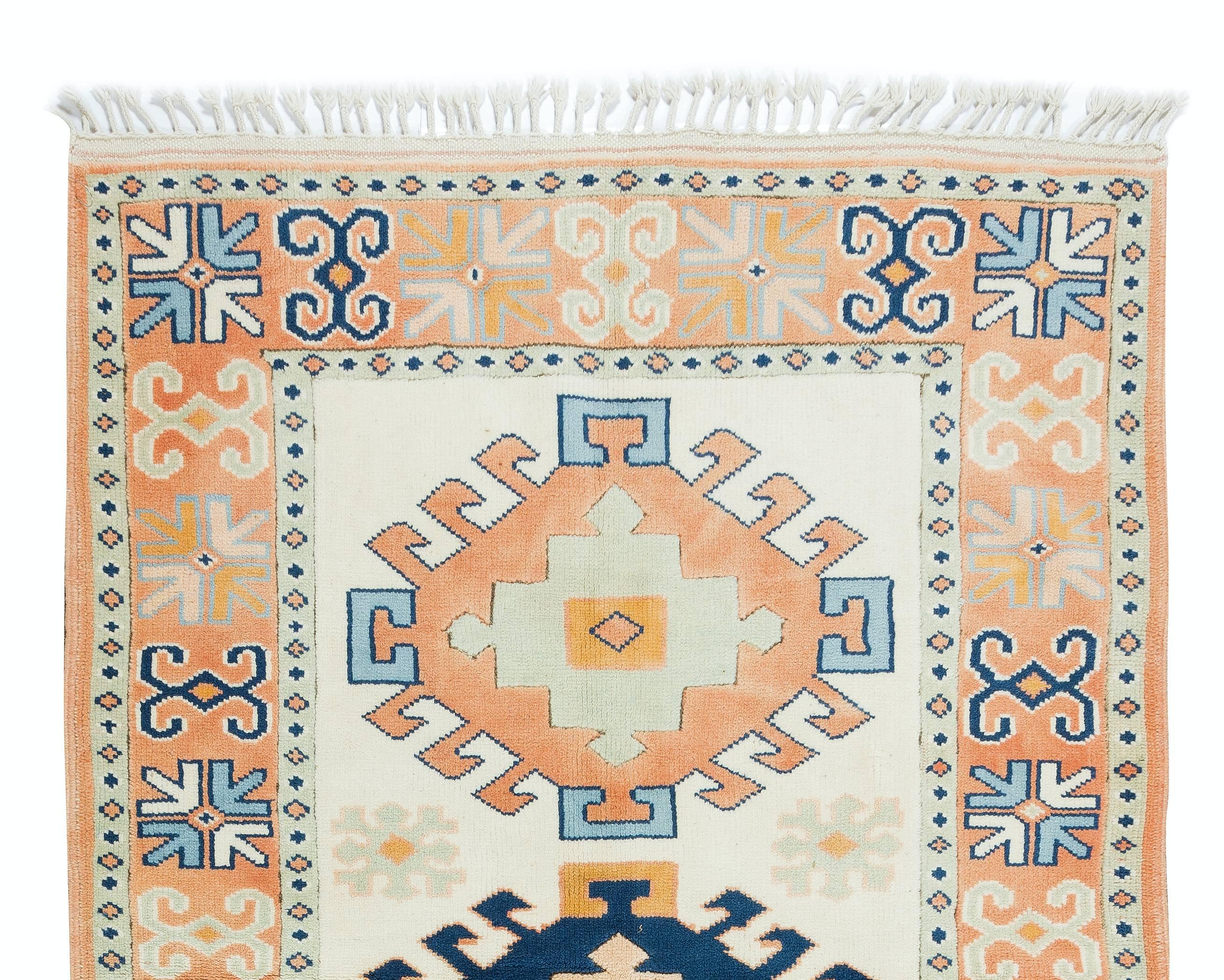 Hand-Knotted Vintage Handmade Turkish Geometric Wool Rug for Home & Office Decor For Sale