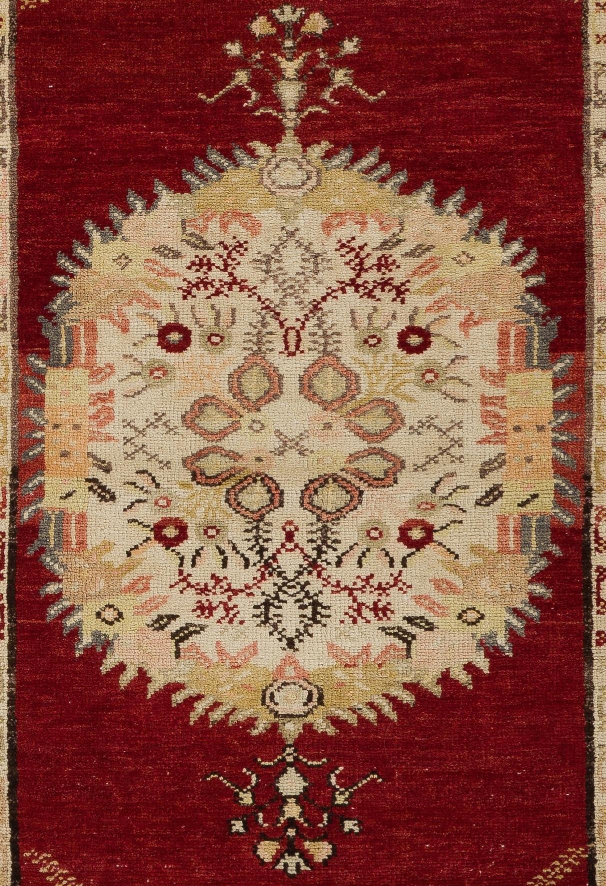 Hand-Knotted 4.3x6.6 Ft One-of-a-Kind Vintage Handmade Turkish Accent Rug in Red & Ivory For Sale