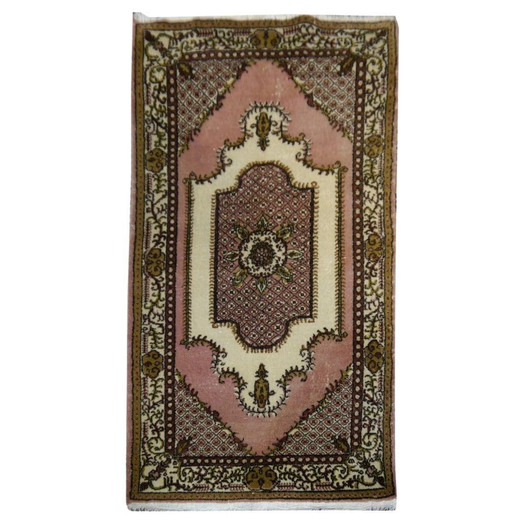 4'3"x6'7" Turkish Beige Rose Sage Green Vintage Rug Anatolia Carpet hand-knotted For Sale