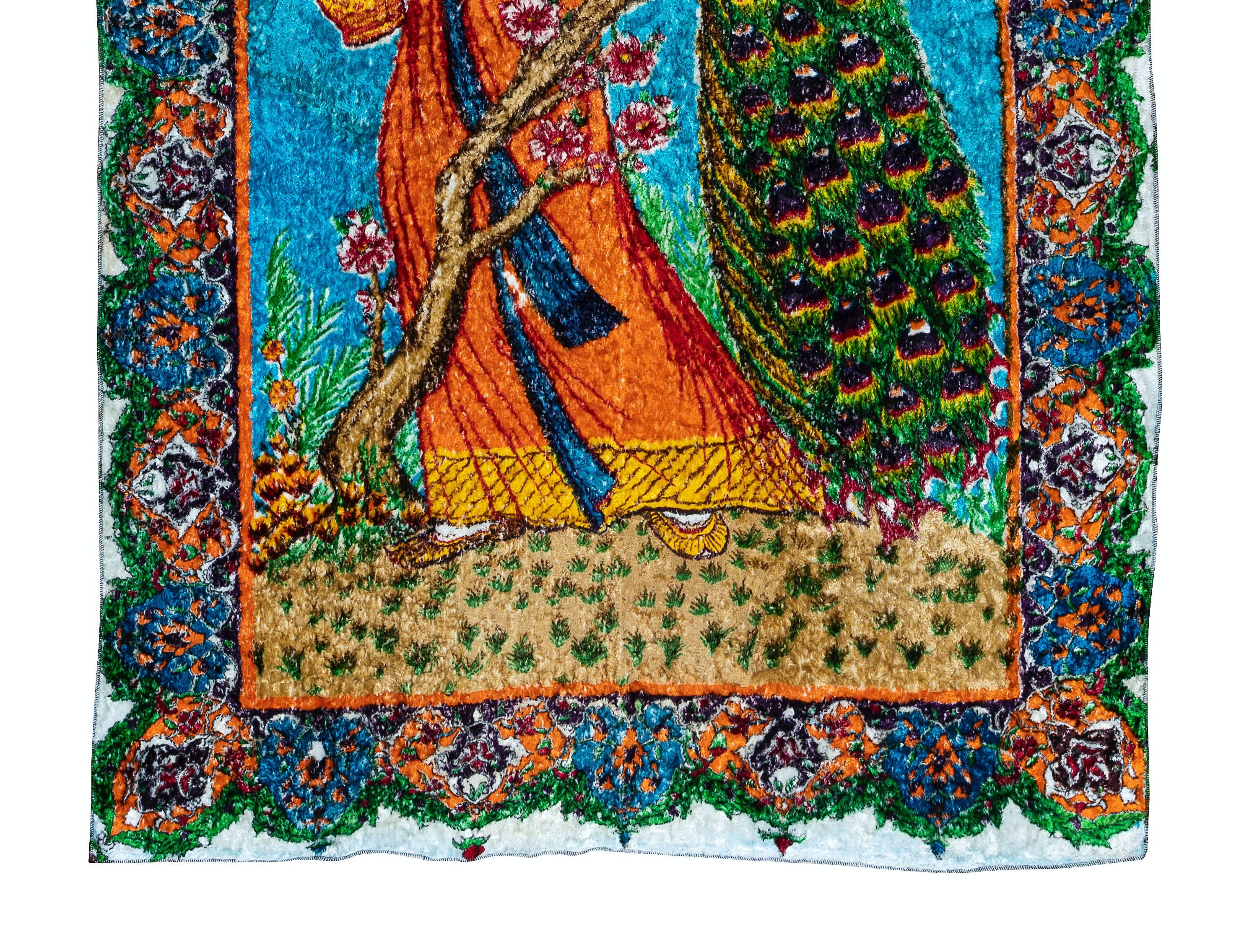 Bohemian Unique Peacock Pattern Vintage Velvet Wall Hanging 4.3x6.8 Ft Colorful Bedspread For Sale