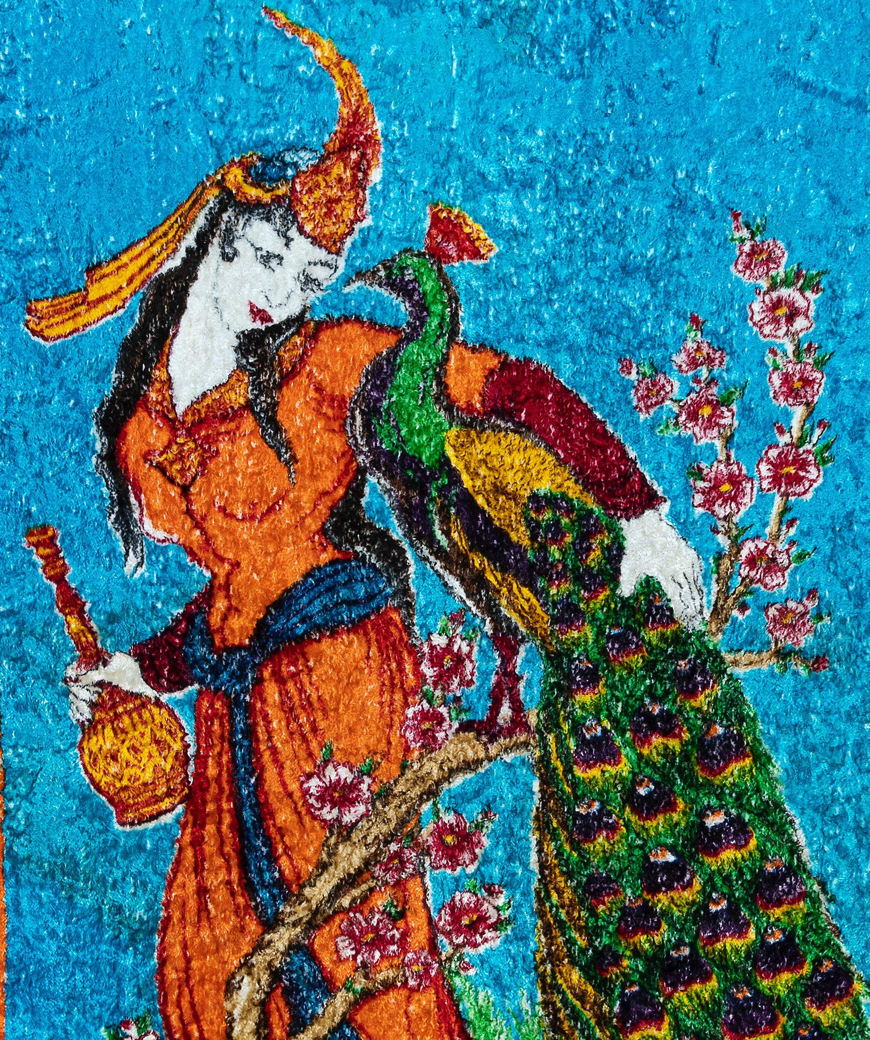 Uzbek Unique Peacock Pattern Vintage Velvet Wall Hanging 4.3x6.8 Ft Colorful Bedspread For Sale