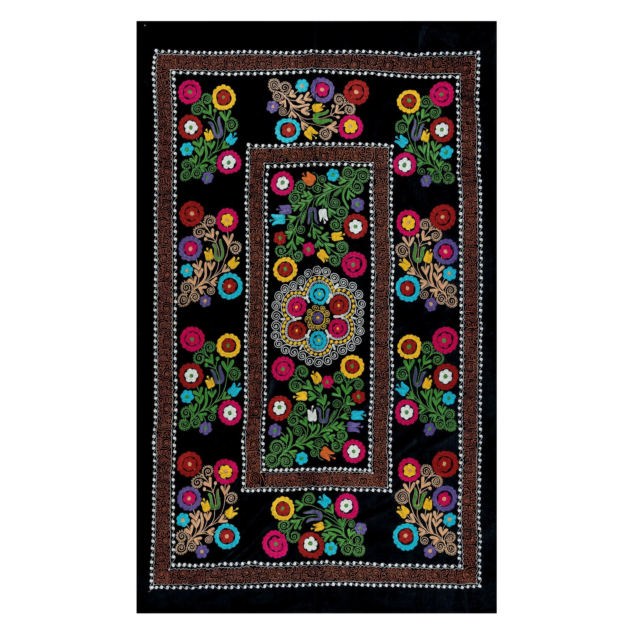 4.3x6.8 Ft Silk Hand Embroidery Bed Cover, Asian Suzani Wall Hanging in Black