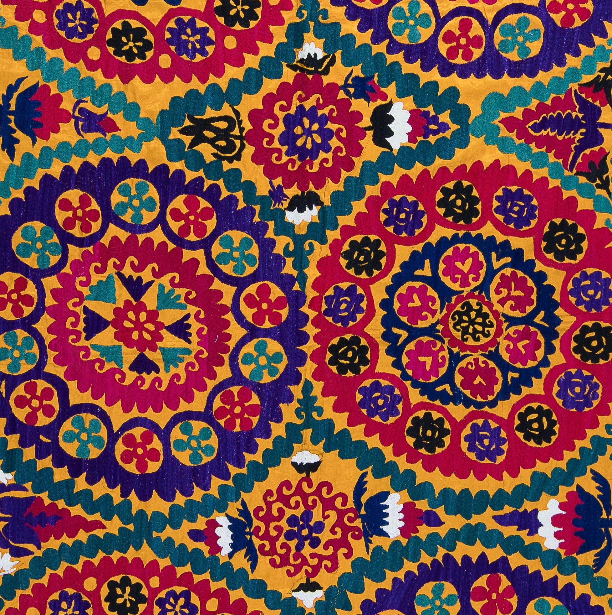 Uzbek Embroidered Cotton Bedspread, Vintage Tapestry, Multicolor Wall Hanging