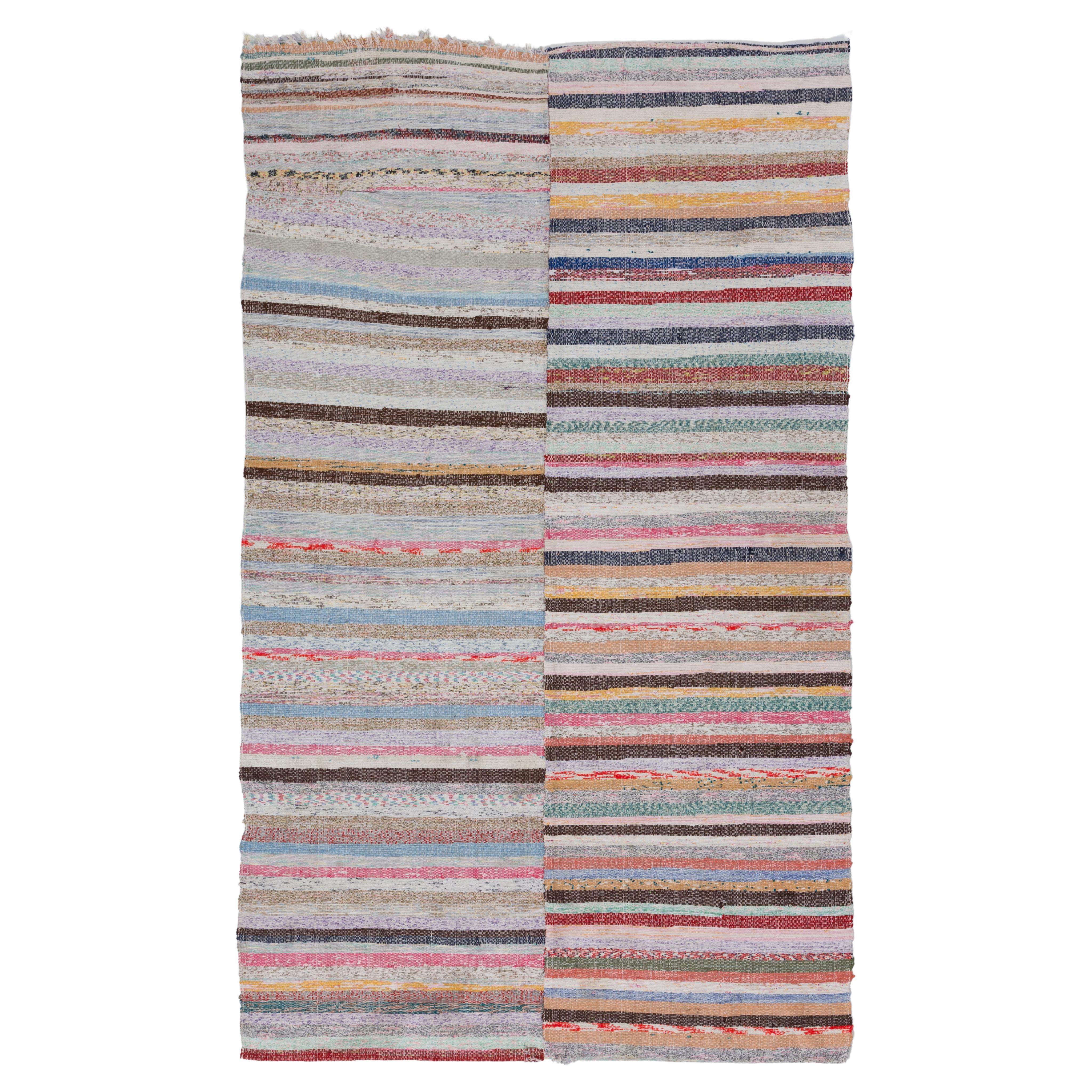 4.3x7.3 Vintage Cotton Rug Rag. Striped Flat-weave Floor Covering, Carpet. 