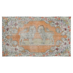 4.3x7.3 Ft Vintage Handmade Orange Lion Pictorial Pattern Rug & Wall Hanging